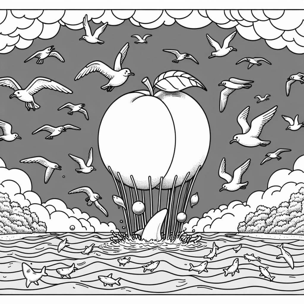 a giant peach being pulled from above in the air by many seagulls, underneath is the ocean full of sharks.