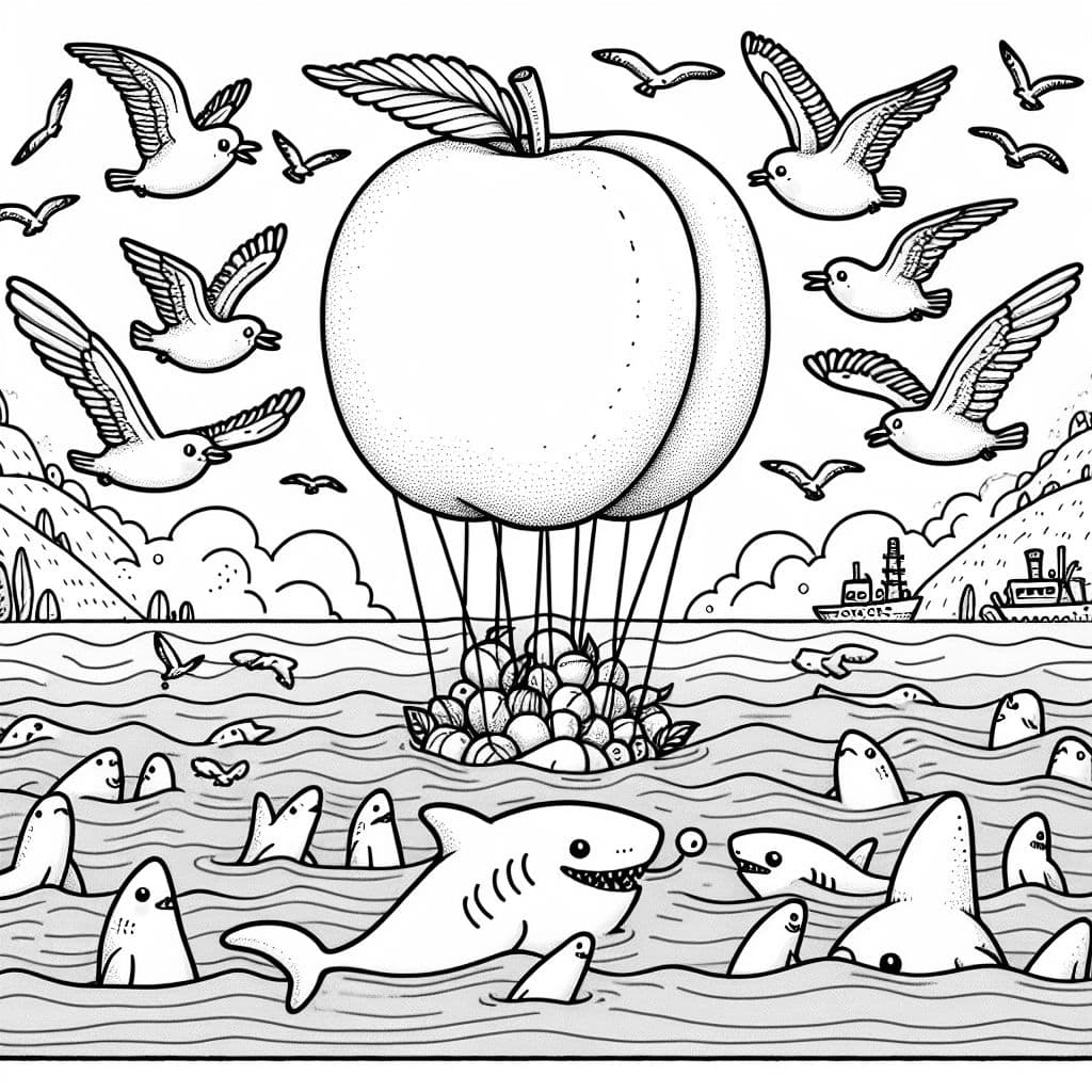 a giant peach being pulled through the air by many seagulls, underneath is the ocean full of sharks.