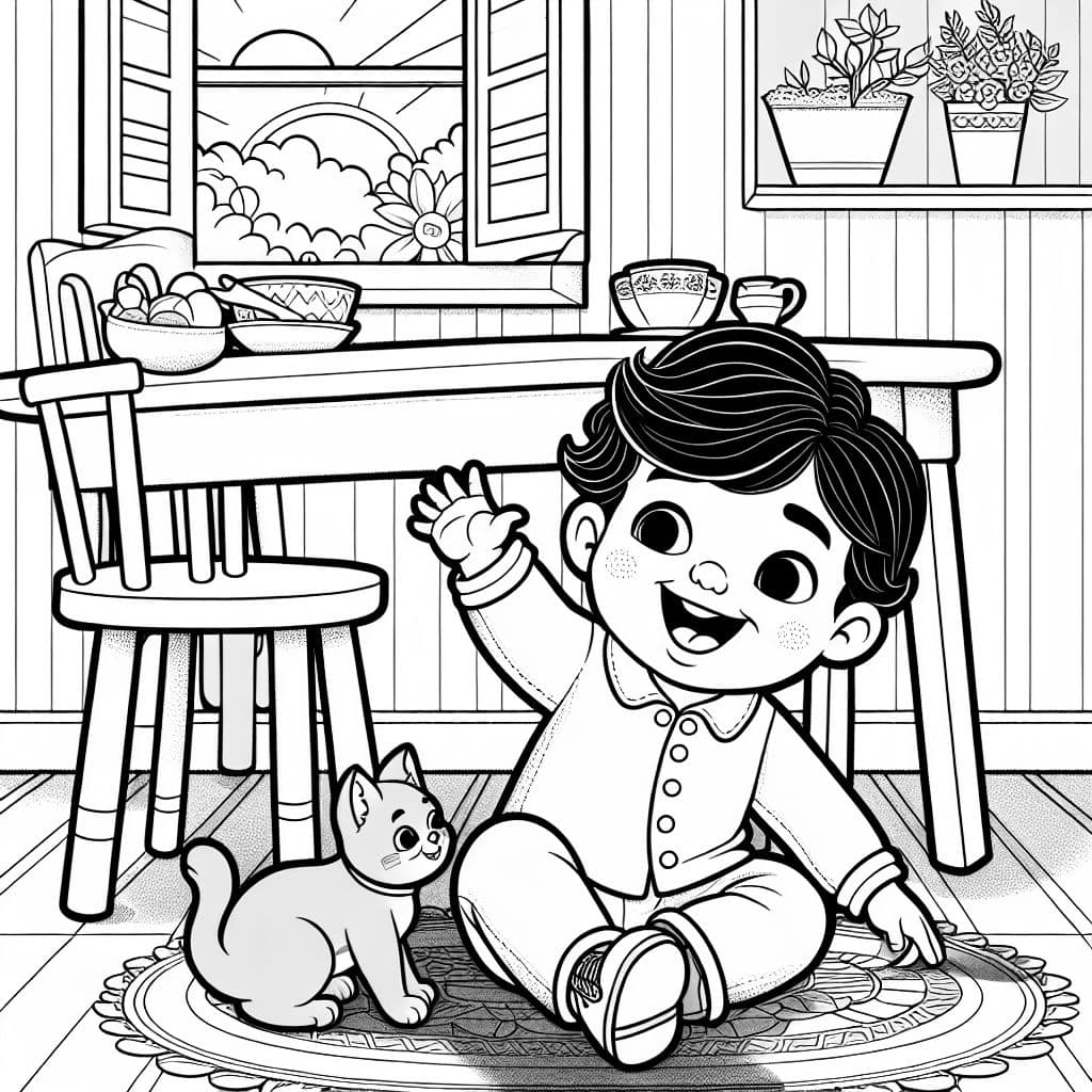 a toddler boy sitting underneath a breakfast table.