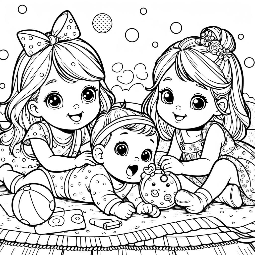 ein Mädchen (4 Jahre) + ein Mädchen (2 Jahre) + ein Baby liegen auf einer Decke