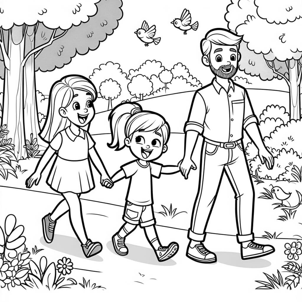Ein blondes Mädchen mit Pony, ihre Mutter mit braunen Schulterlangen Haaren mit Pony und ihre Papa mit kurzen braunen Haaren und einem kurzen Bart gehen im Wald spazieren.