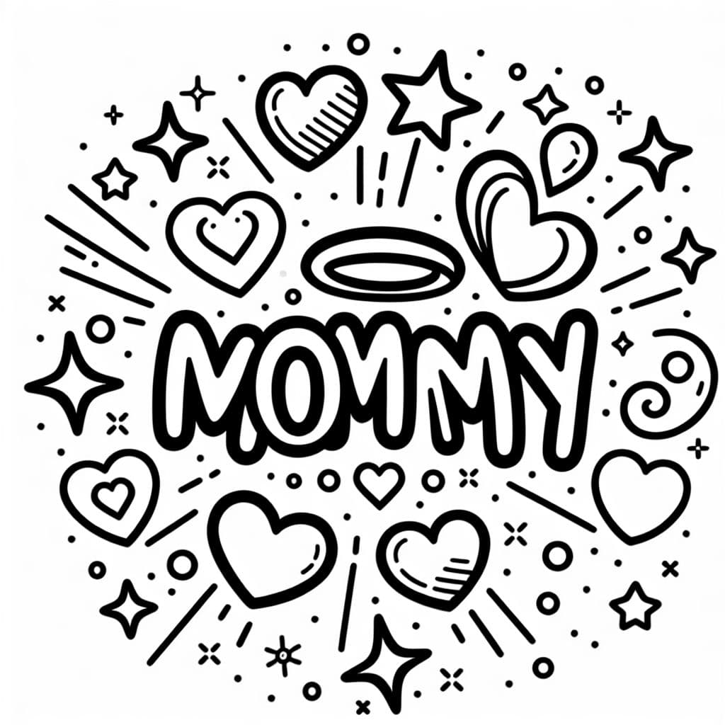 The word "Mommy" in the middle of hearts and stars