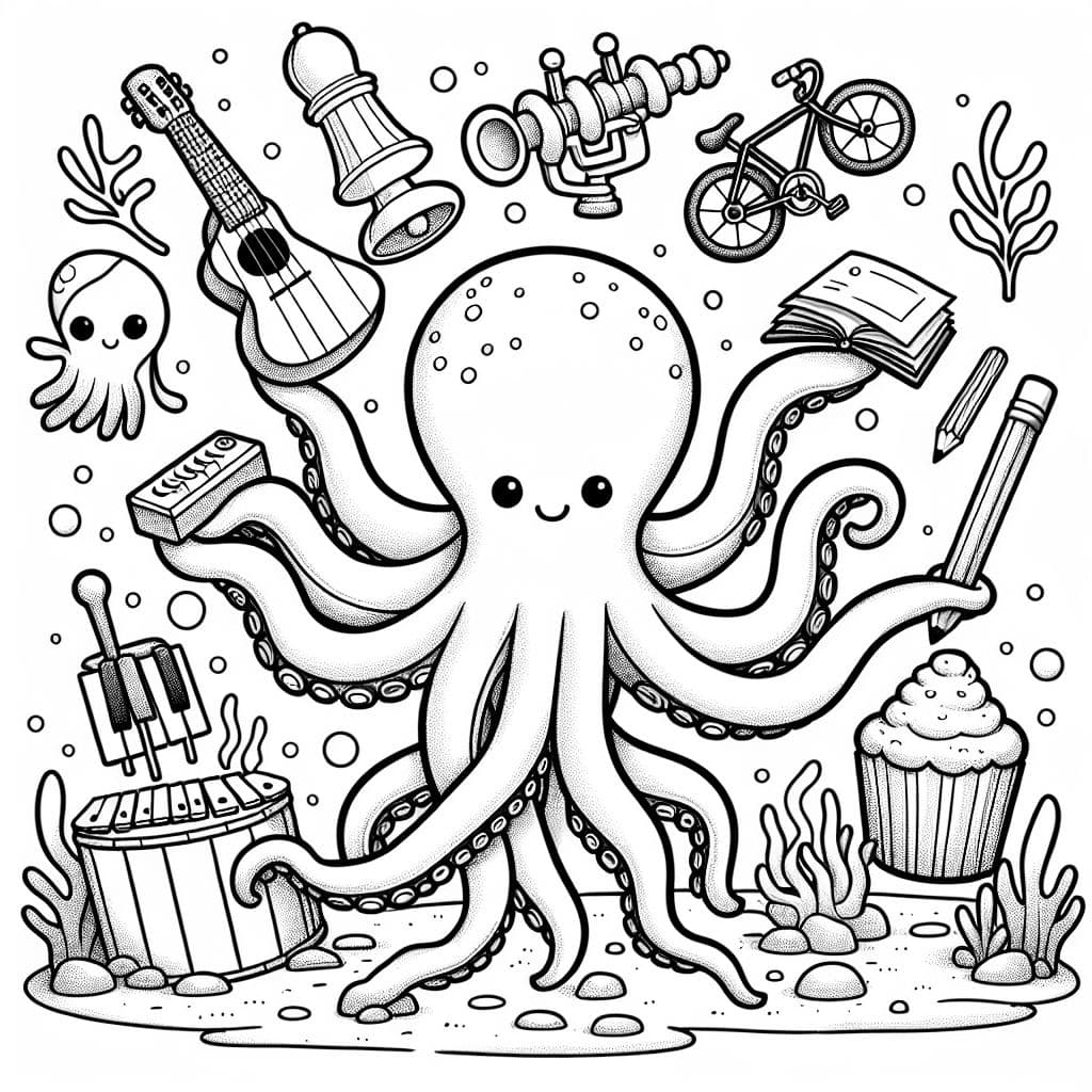 Eine Unterwasserwelt mit einem Oktopus, der in jedem Tentakel etwas anderes hält: Eine Schachfigur, ein Xylofon, einen Stift, einen Legostein, ein Buch, eine Star Wars Figur, ein Fahrrad und im letzten Tentakel einen Muffin.
