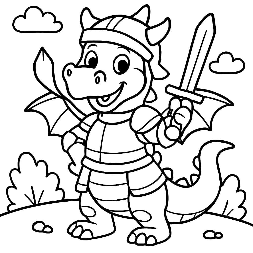 un dragón con armadura de caballero y una espada en la mano