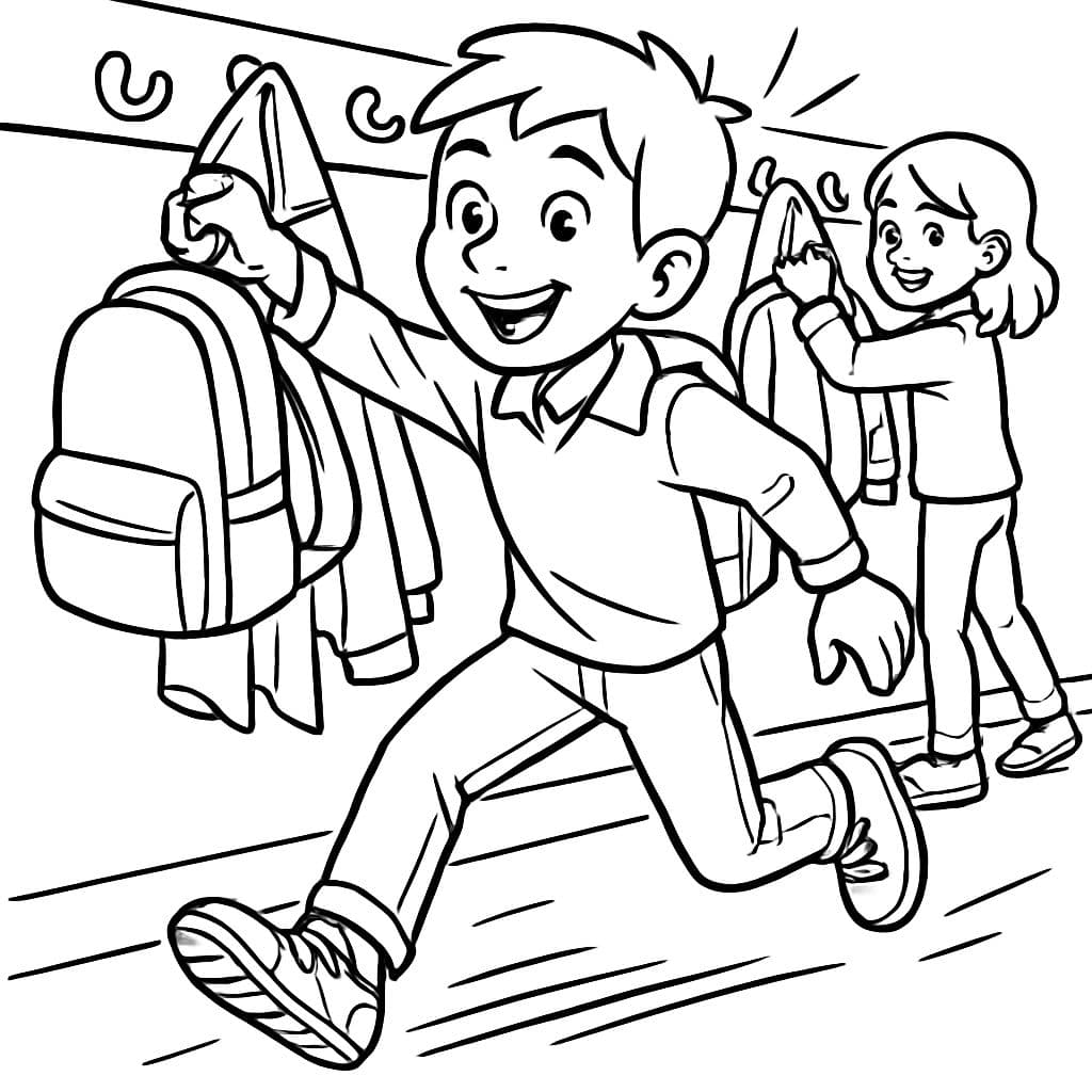 Kinder hängen ihre Rucksäcke und Jacken an die Garderobe.