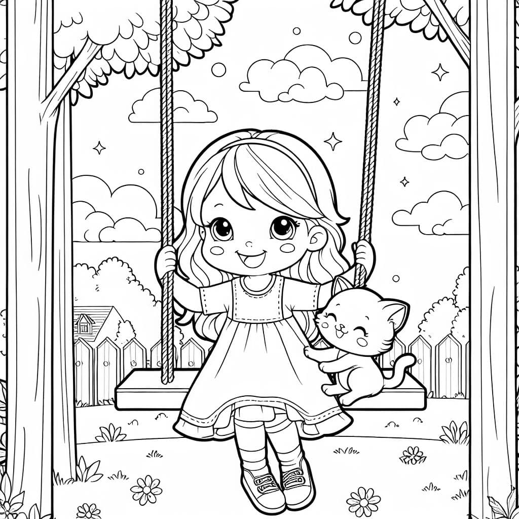 un chaton et une fille jouant ensemble sur une balançoire