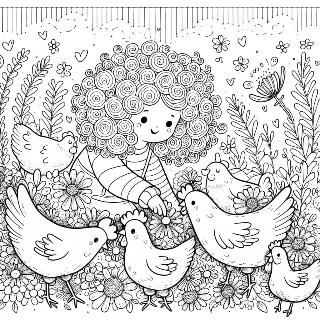 Niña de cabello rizado jugando con gallinas entre flores.