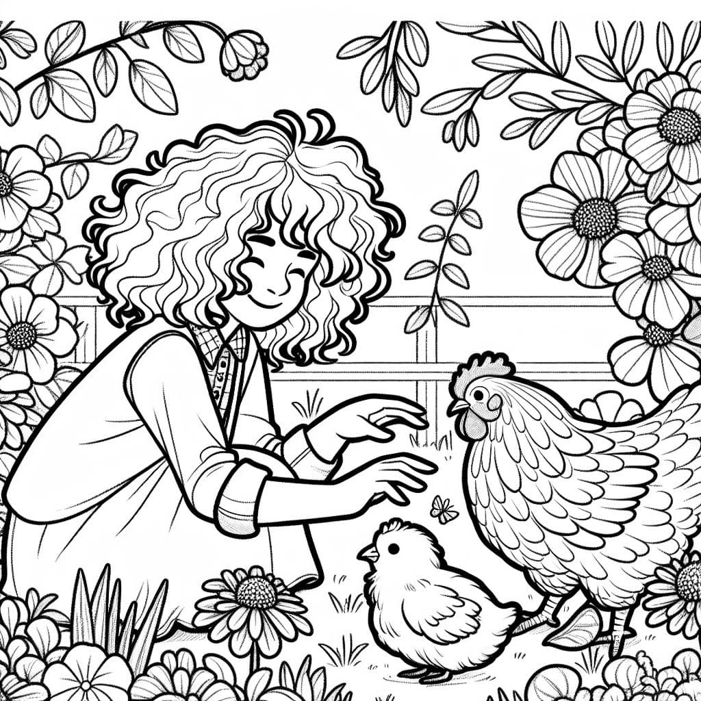 Niña de cabello rizado jugando con gallinas entre flores.