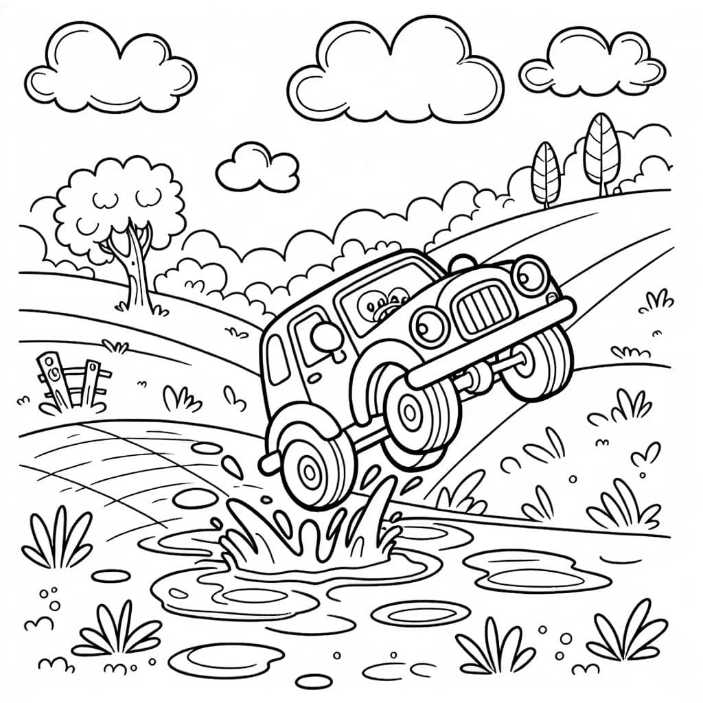 un coche volando de una colina a un charco de barro.