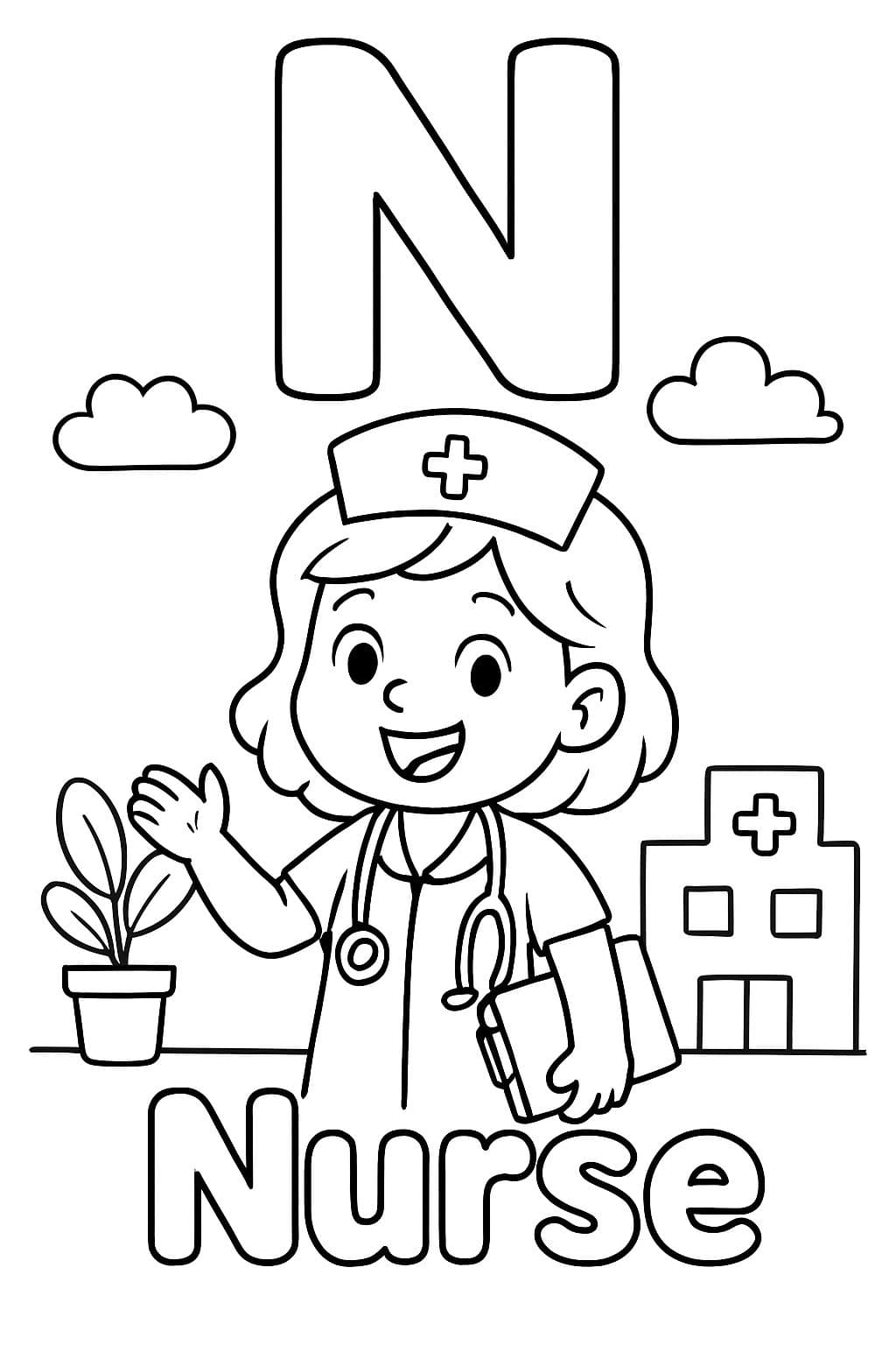 A large bubble “N” is centered on top of the page. Under that is an image of a Nurse. Under the image should say “Nurse” in bubble letters.