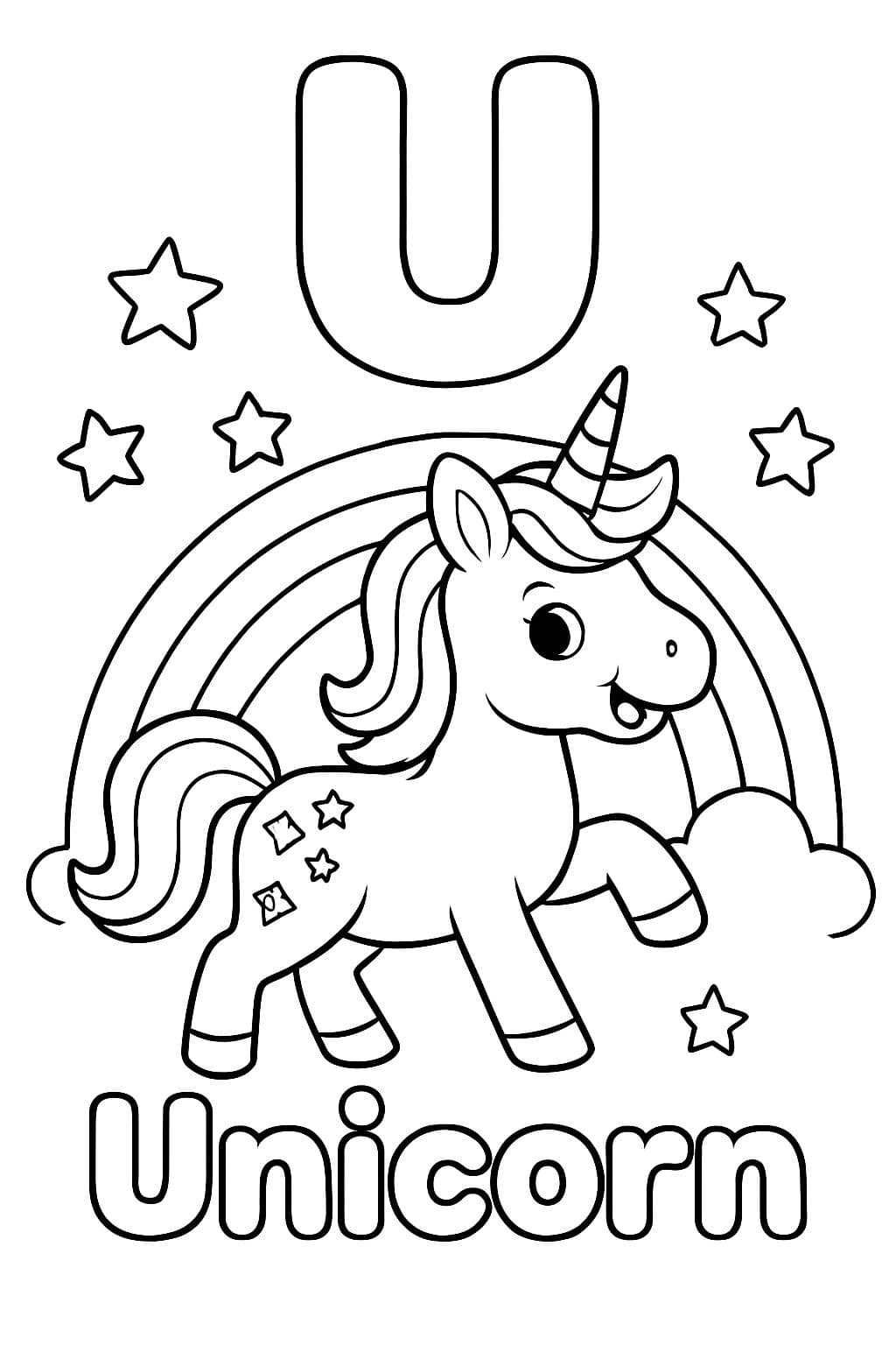 A large bubble "U" is centered on top of the page. Under that is an image of a unicorn with stars and gems on its hind leg, and a rainbow and stars behind it. Under the image should say “Unicorn” in bubble letters.
