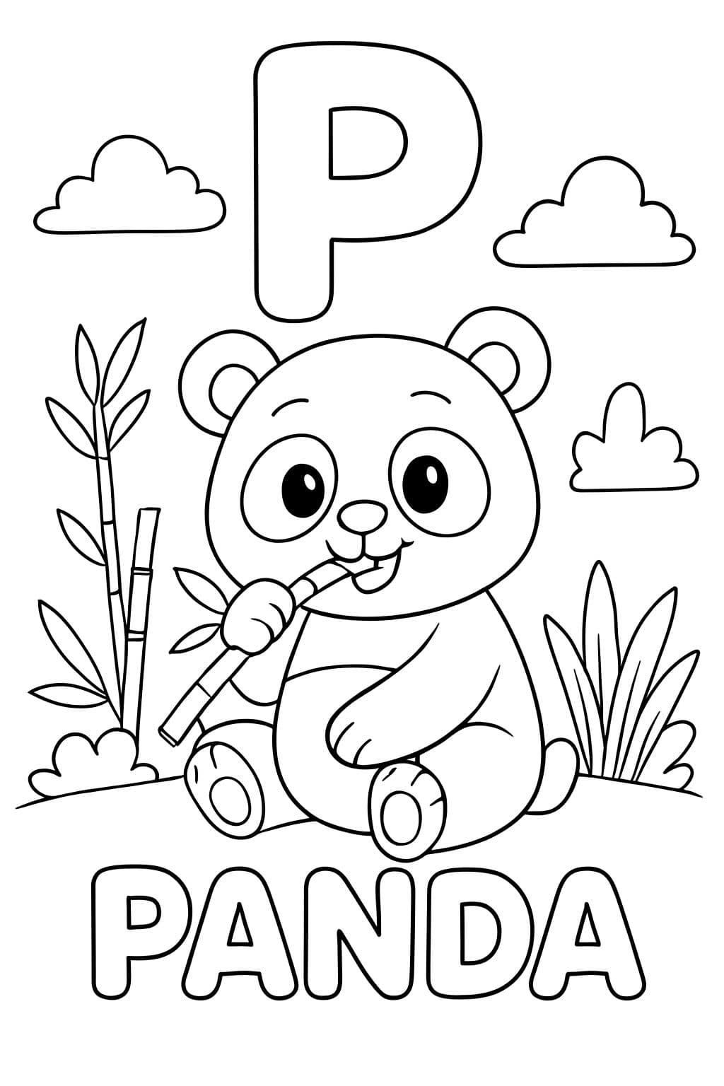 A large bubble “P” is centered on top of the page. Under that is an image of a panda chewing on bamboo. Under the image should say “Panda” in bubble letters.