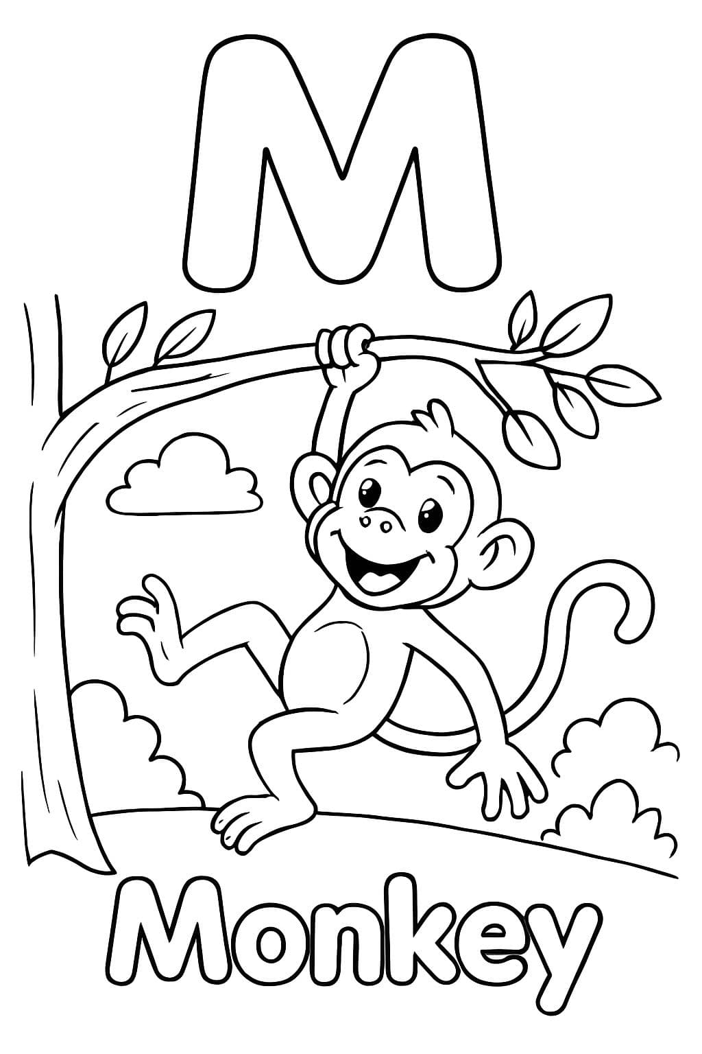 Une grande bulle "M" est centrée en haut de la page. En dessous se trouve une image d'un singe suspendu à une branche d'arbre. Sous l'image, il devrait être écrit "Singe" en lettres bulles.