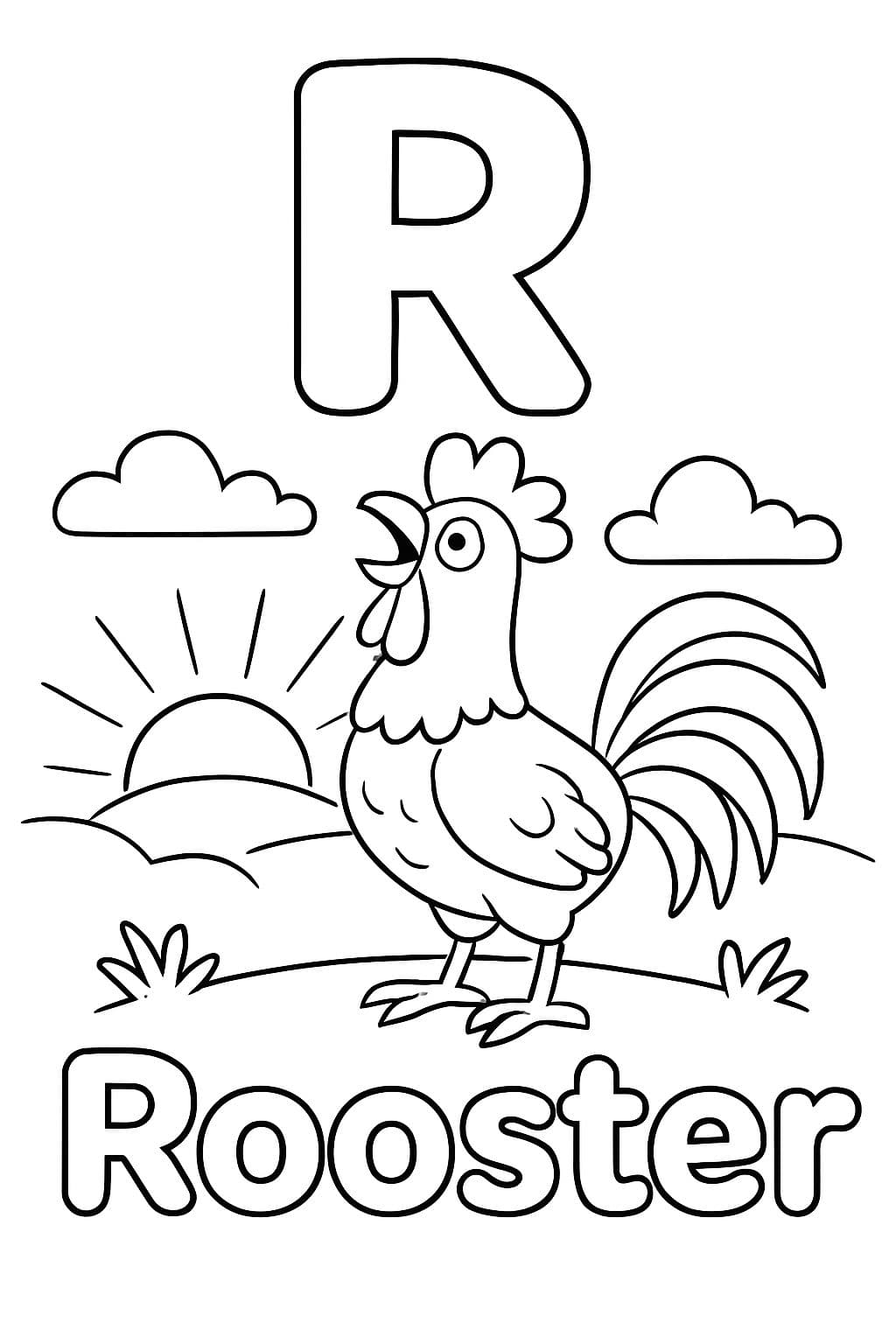 Une grande bulle « R » est centrée en haut de la page. En dessous se trouve une image d'un coq chantant au lever du soleil. Sous l'image, il devrait être écrit « Coq » en lettres en bulle.