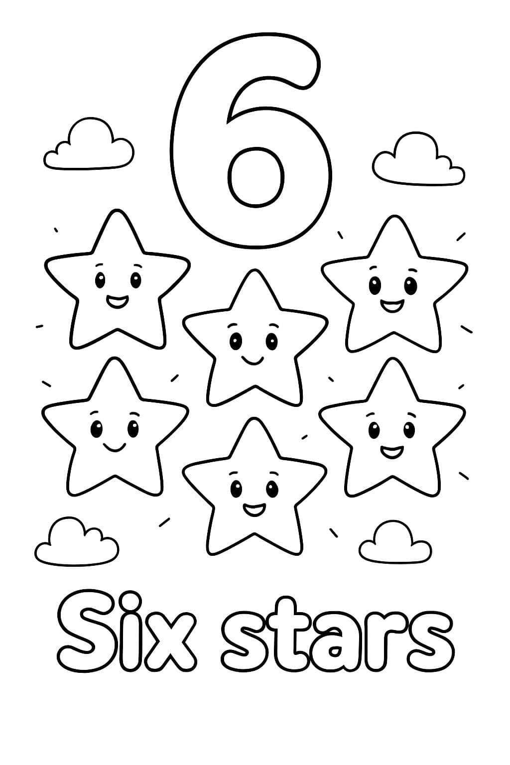 A large bubble number “6” is centered at the top of the page. Under that is an image of six stars. Under the image should say “Six stars” in bubble letters.