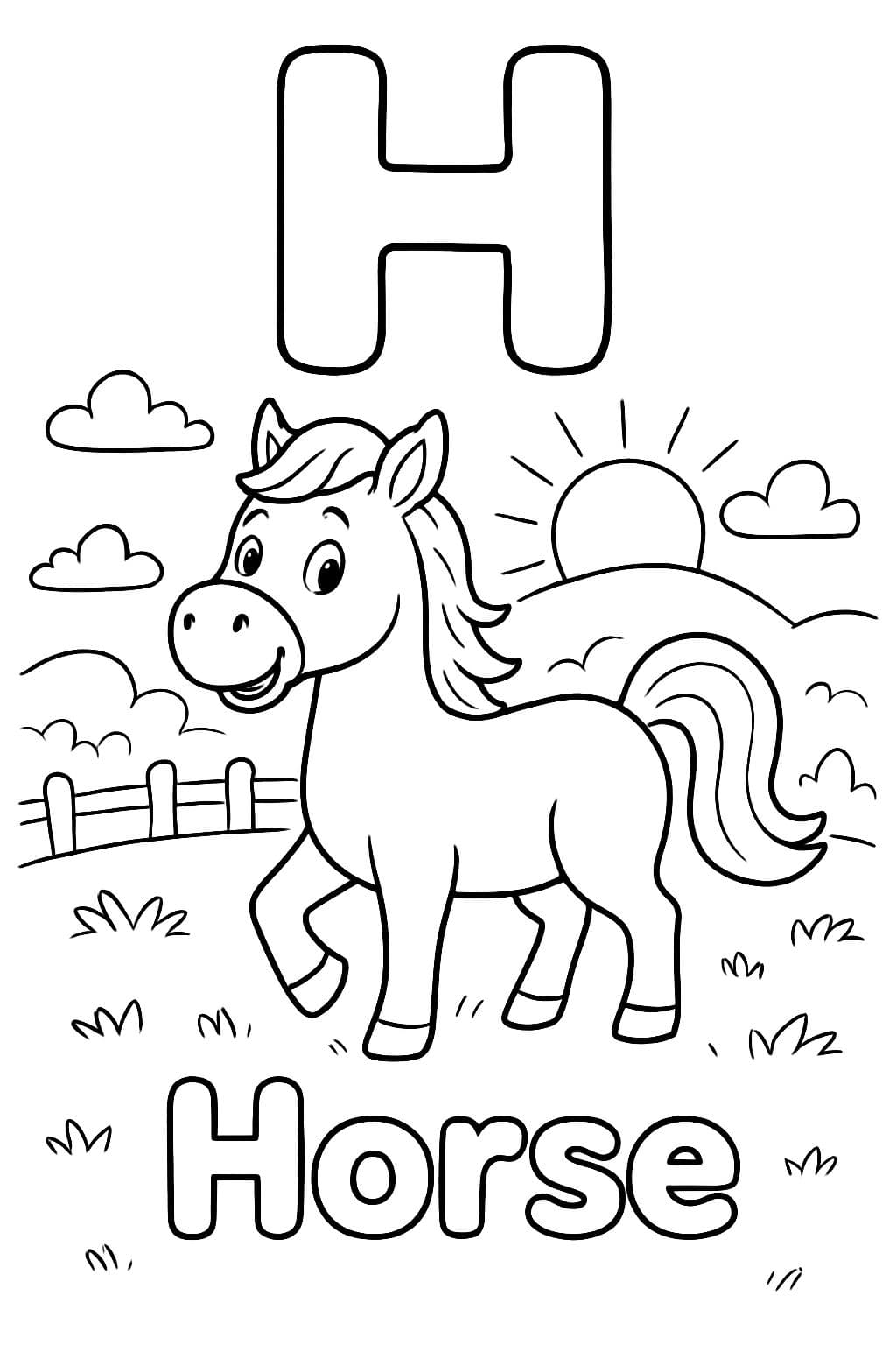 Une grande bulle "H" est centrée en haut de la page. En dessous, il y a une image d'un cheval dans un champ au coucher du soleil. En dessous de l'image, il devrait être écrit "Cheval" en lettres bulle.