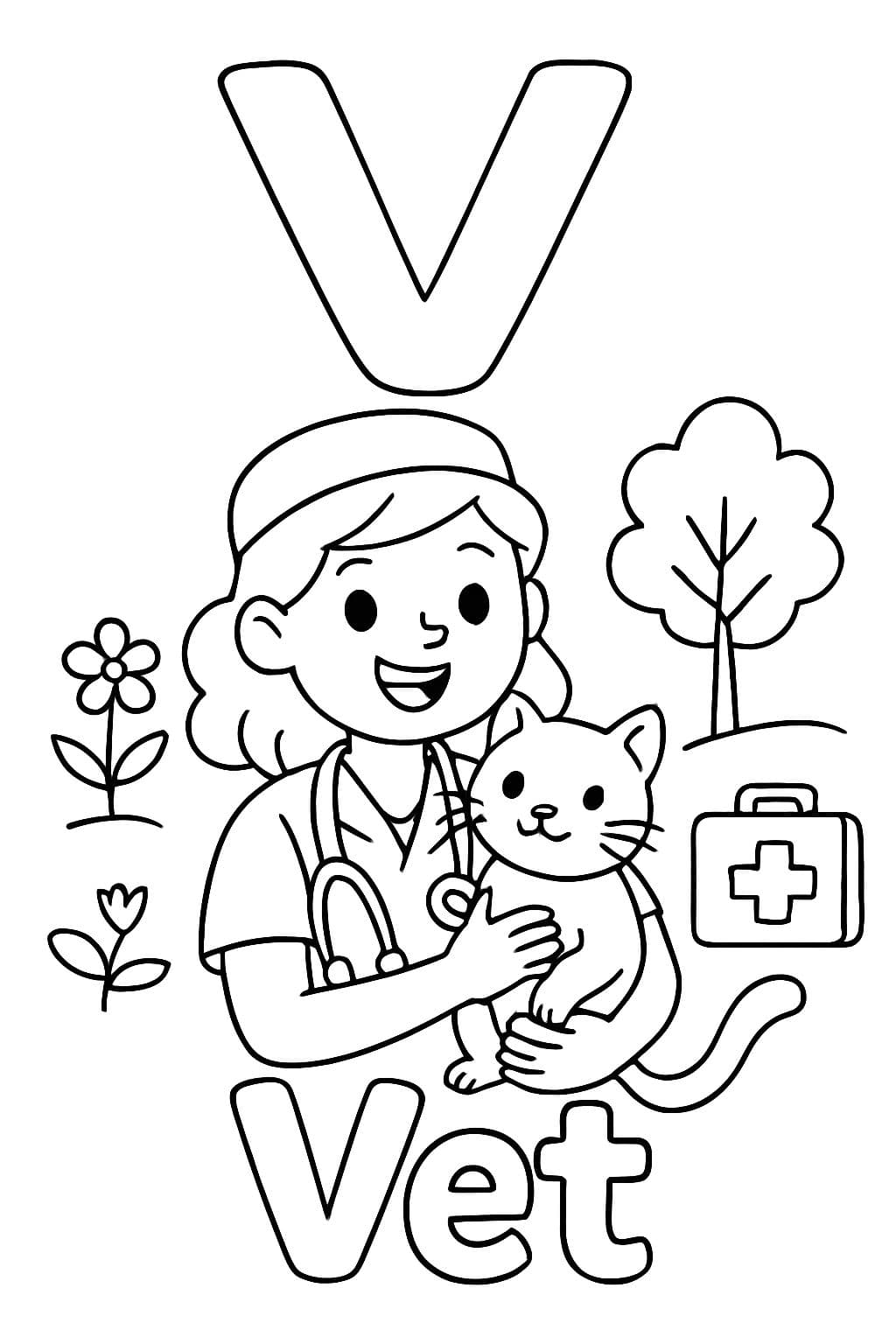 A large bubble “V” is centered on top of the page. Under that is a woman Vet holding a cat in her arms. Under the vet should say “Vet” in bubble letters.
