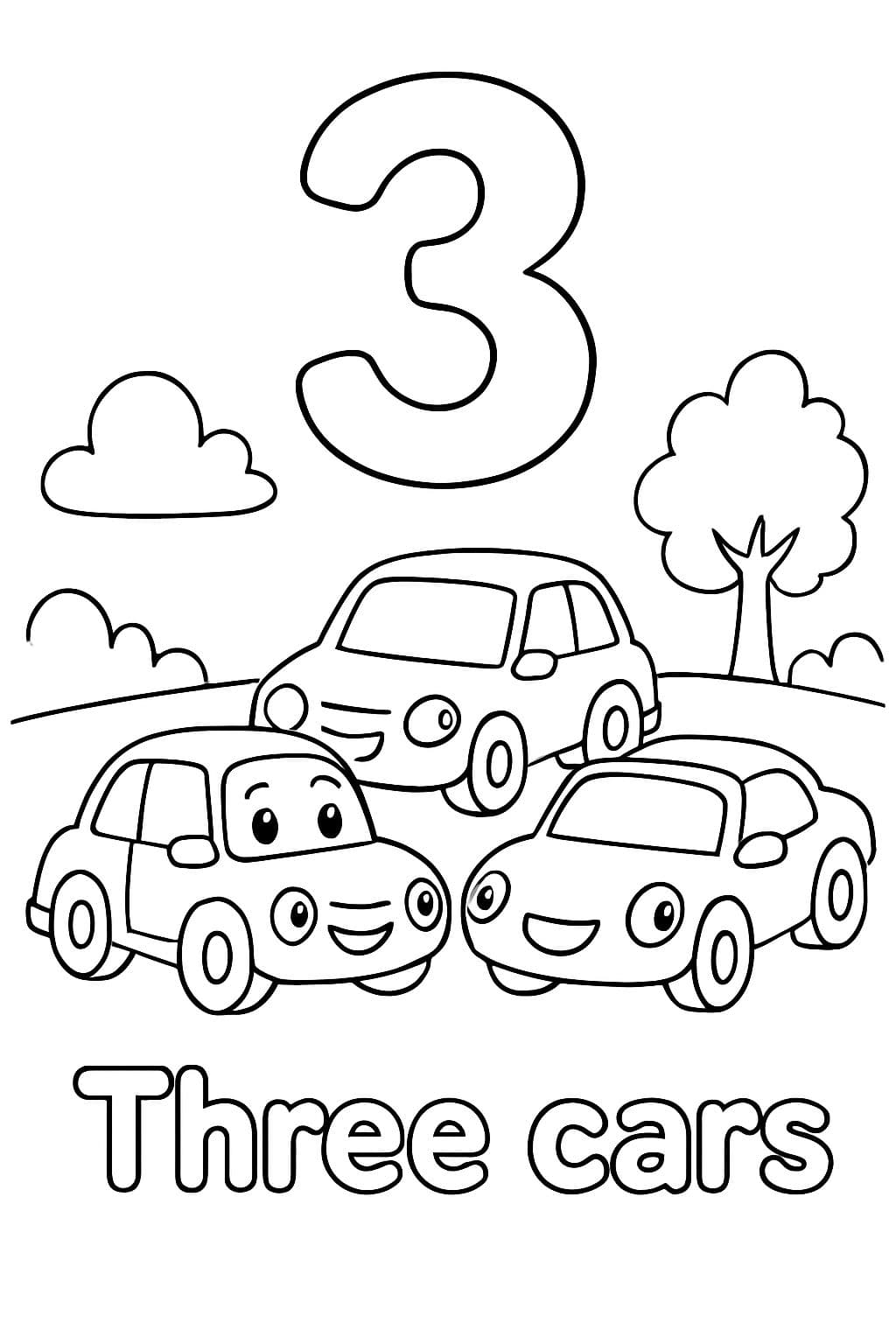 A large bubble number “3” is centered at the top of the page. Under that is an image of three cars. Under the image should say “Three cars” in bubble letters.