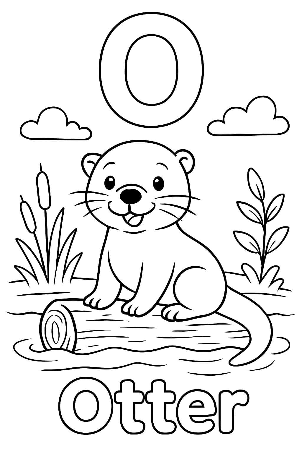 Une grande bulle "O" est centrée en haut de la page. En dessous, il y a une image d'un loutre assis sur un tronc dans l'eau. Sous l'image, il devrait y avoir "Loutre" en lettres bulle.
