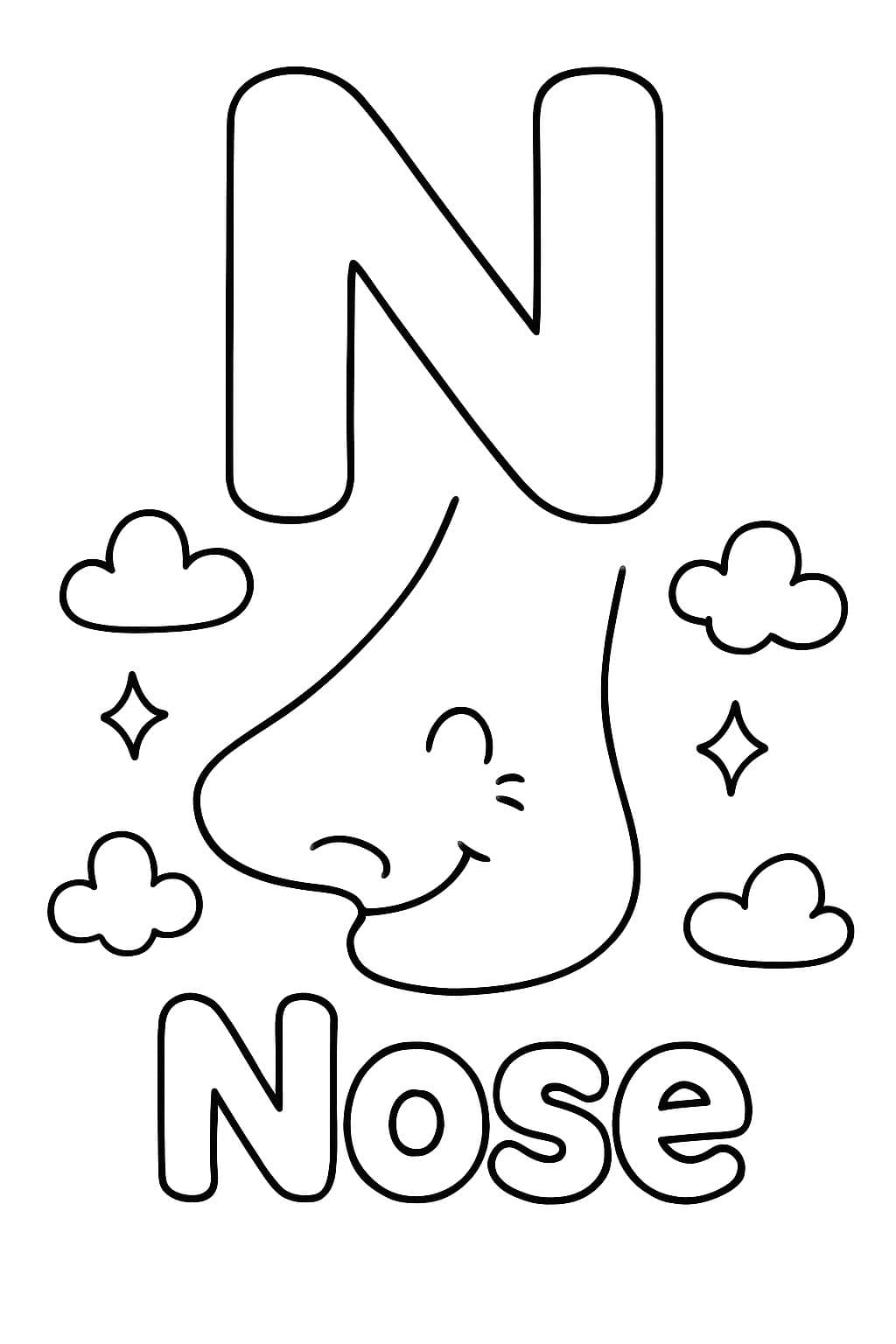 Une grande bulle "N" est centrée en haut de la page. En dessous, il y a une image du profil latéral d'un nez. Sous l'image, il devrait être écrit "Nez" en lettres bulle.