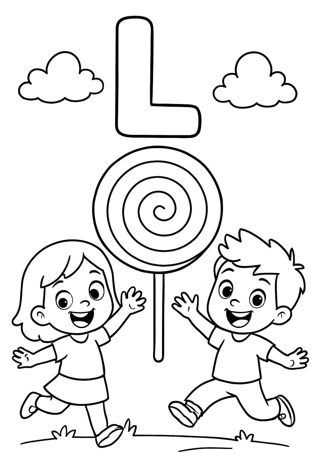 Une grande bulle « L » est centrée en haut de la page. En dessous, il y a une image d'un grand sucette tourbillonnante. Sous l'image, il devrait être écrit « Sucette » en lettres boules.