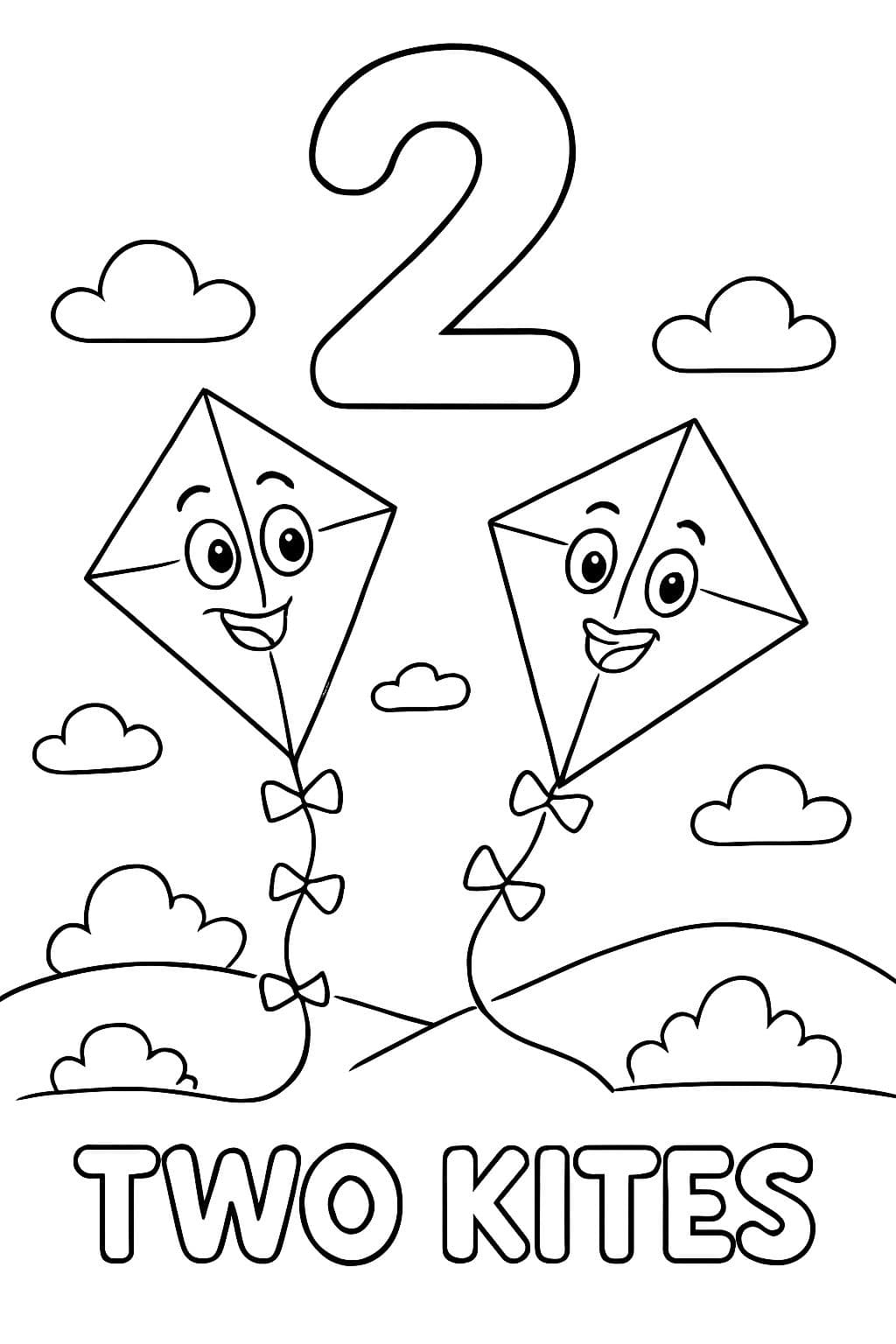 Un grand chiffre en bulle «2» est centré en haut de la page. En dessous, il y a une image de deux cerfs-volants. Sous l'image, il devrait être écrit «Deux cerfs-volants» en lettres en bulle.