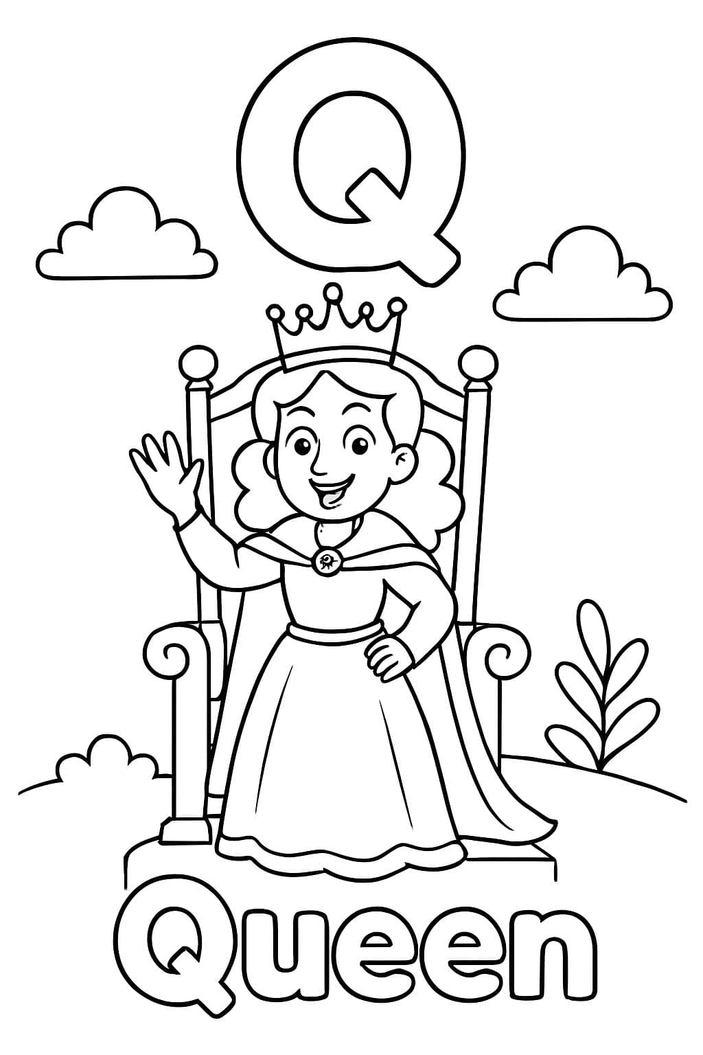 Une grande bulle "Q" est centrée en haut de la page. En dessous, il y a une image d'une Reine sur son trône. En dessous de l'image, il devrait être écrit "Reine" en lettres bulle.