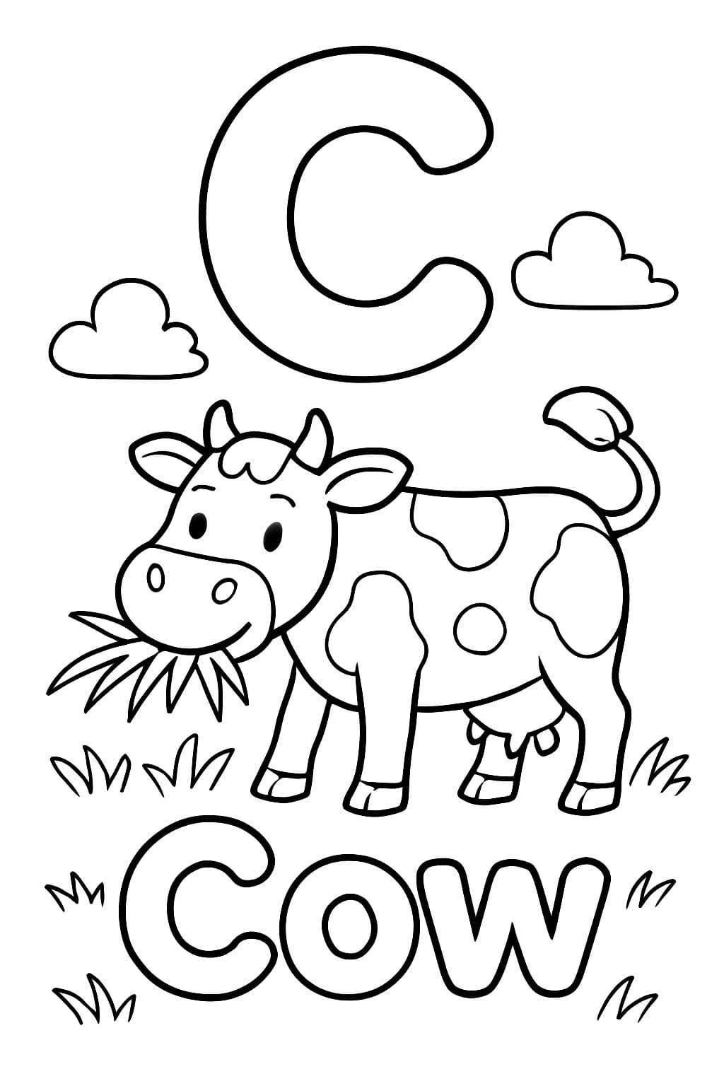 Una gran burbuja “C” centrada en la parte superior de la página. Con una vaca comiendo hierba debajo. Debajo de la vaca debe tener la palabra “Vaca” en letras de burbuja.