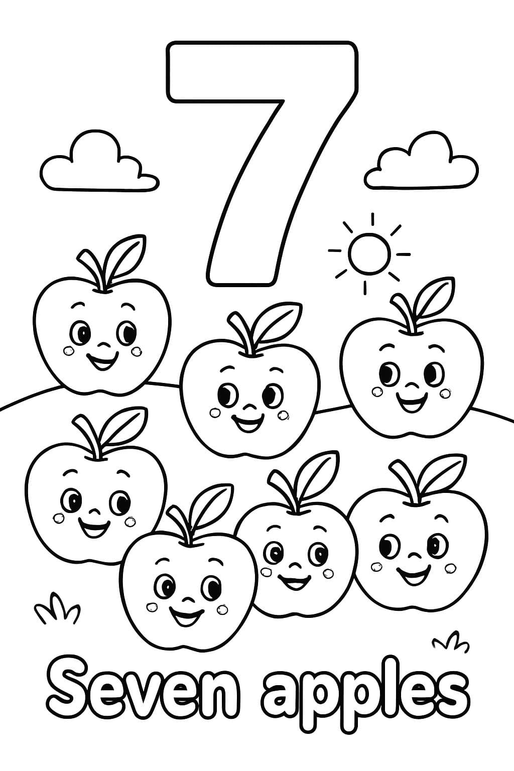 Un grand chiffre bulle "7" est centré en haut de la page. En dessous, il y a une image de sept pommes. Sous l'image, il devrait être écrit "Sept pommes" en lettres bulle.
