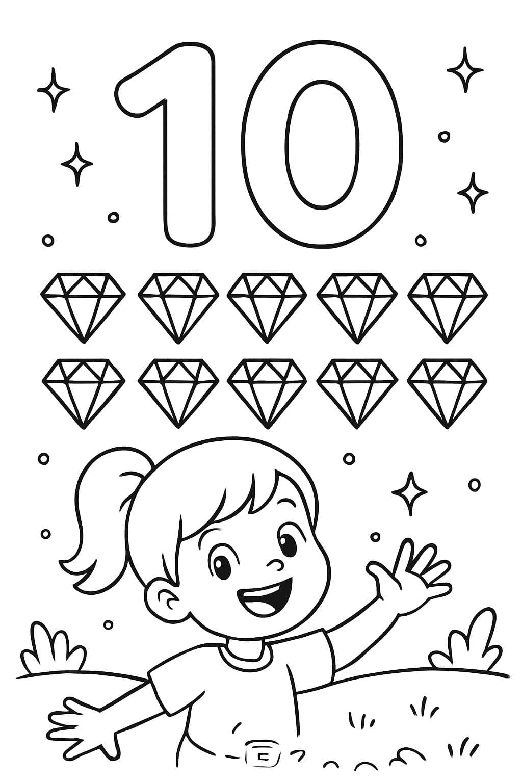 Un grand chiffre bulle “10” est centré en haut de la page. En dessous, il y a une image de dix diamants. Sous l'image, il devrait être écrit “Dix diamants” en lettres bulle.