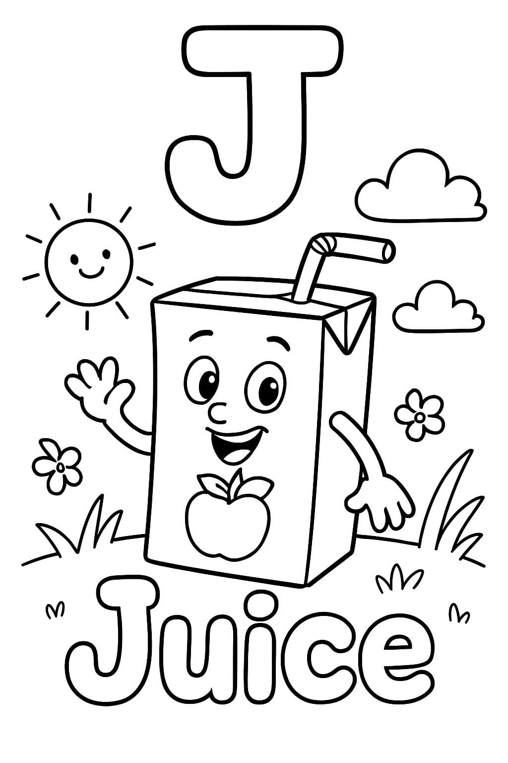 Une grande bulle "J" est centrée en haut de la page. En dessous se trouve une image d'une boîte de jus de pomme. Sous l'image, il devrait être écrit "Jus" en lettres bulle.