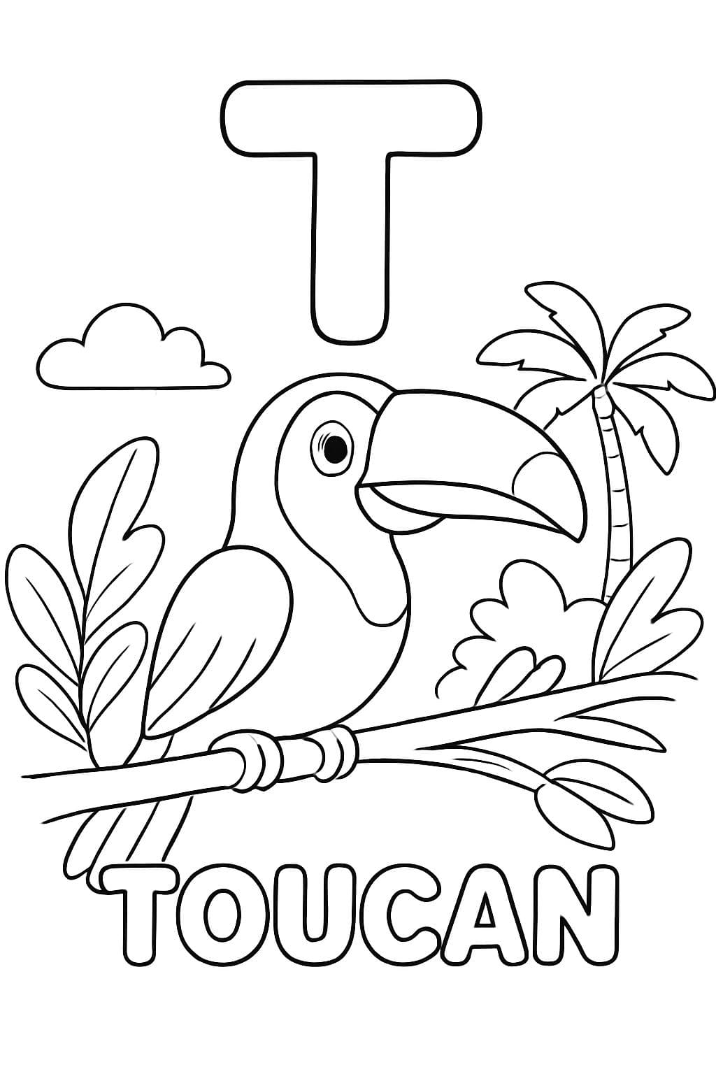 Une grande bulle « T » est centrée en haut de la page. En dessous, il y a une image d'un toucan assis sur une branche. En dessous de l'image, on doit écrire « Toucan » en lettres bulle.
