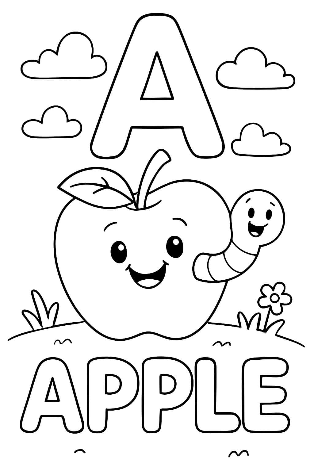 Une grande bulle « A » centrée en haut de la page. Avec une pomme en dessous. La pomme doit avoir une tige avec une feuille pendante. Et un ver creusant son chemin à travers le côté de la pomme. En dessous de la pomme, il devrait être écrit « Pomme » en lettres bulle.