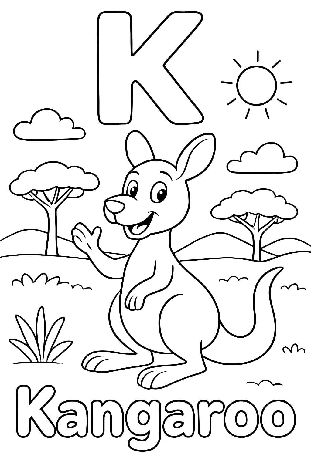 Une grande bulle "K" est centrée en haut de la page. En dessous, il y a une image d'un kangourou dans la savane. Sous l'image, il devrait être écrit "Kangourou" en lettres bulle.