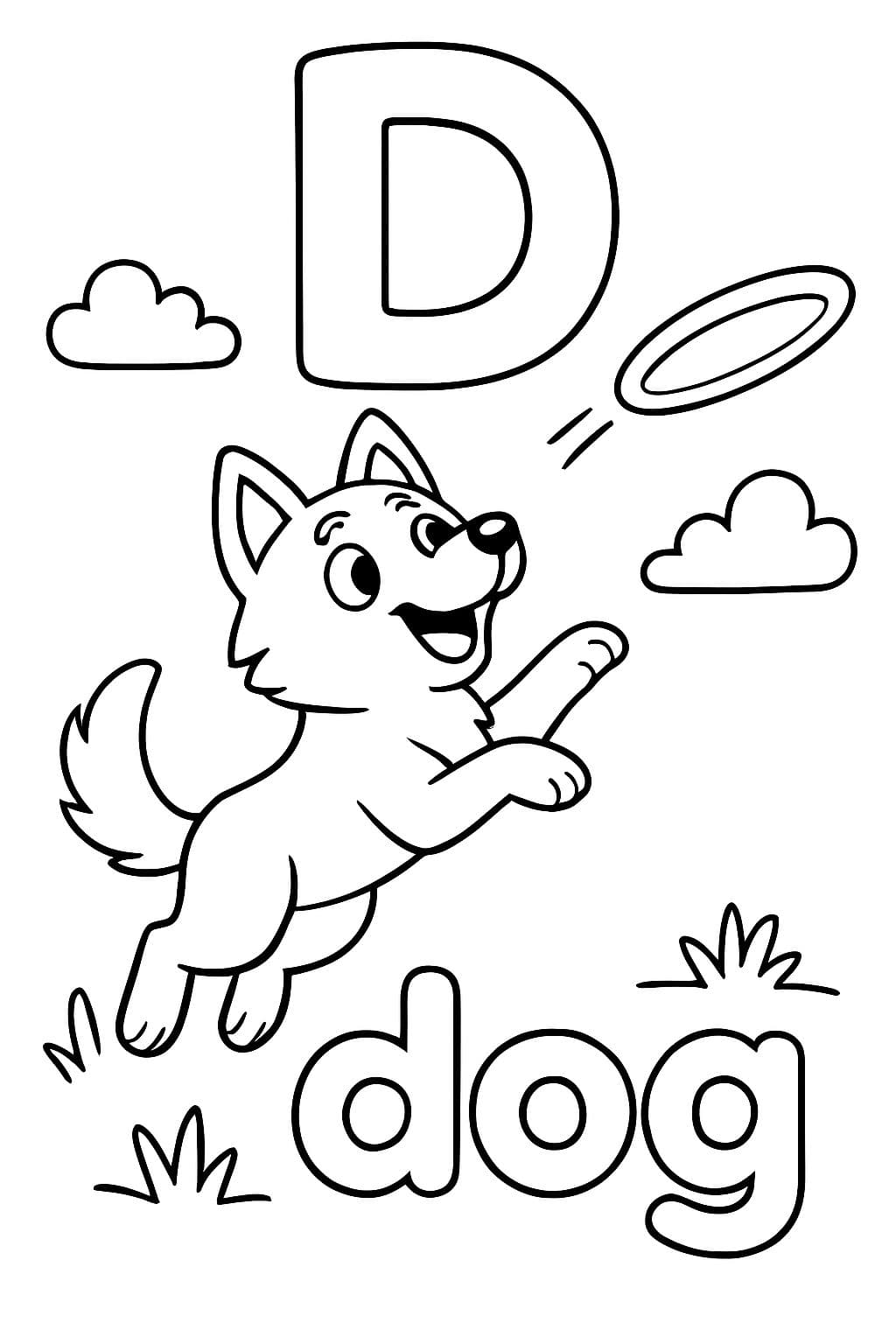 Une grande bulle "D" centrée en haut de la page. Avec un chien husky sautant pour attraper un frisbee dans les airs. Sous le chien, il devrait y avoir le mot "chien" en lettres bulle.