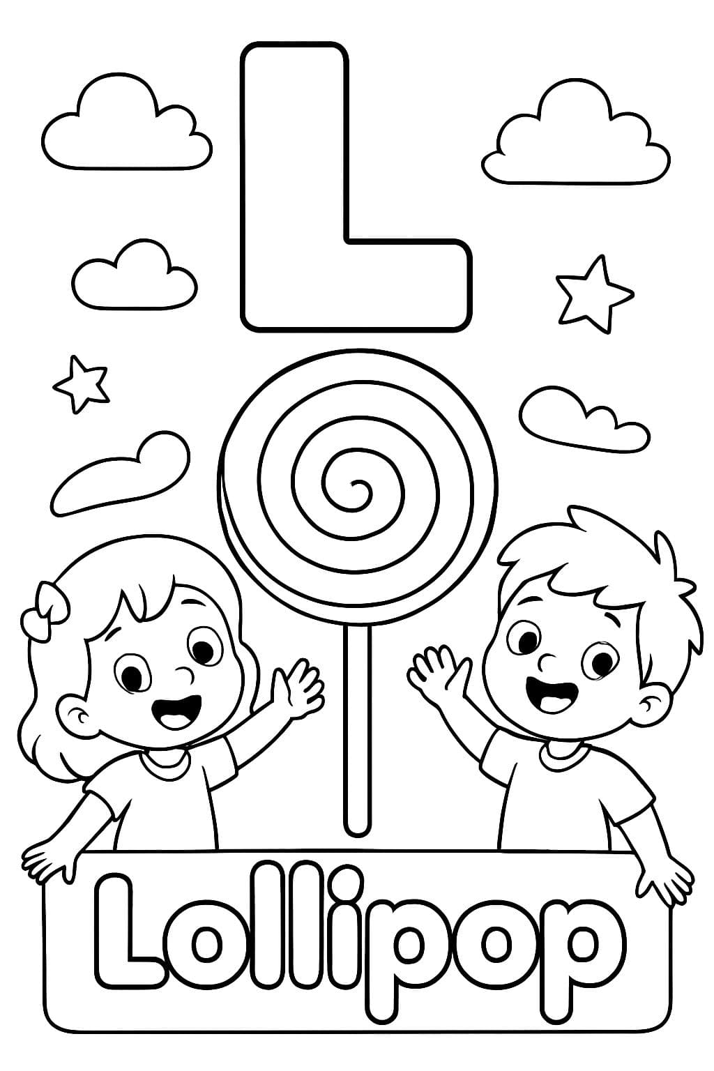 Une grande bulle « L » est centrée en haut de la page. En dessous se trouve une image d'un grand bonbon en spirale. En dessous de l'image, il faut écrire « Sucette » en lettres en bulle.