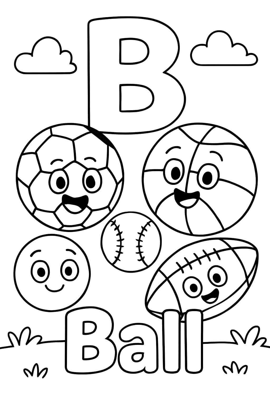 Una gran burbuja “B” centrada en la parte superior de la página. Con una pelota de fútbol, un balón de baloncesto, una pelota de béisbol y un balón de fútbol americano debajo. Debajo de las pelotas debería tener la palabra “Ball” en letras de burbuja.