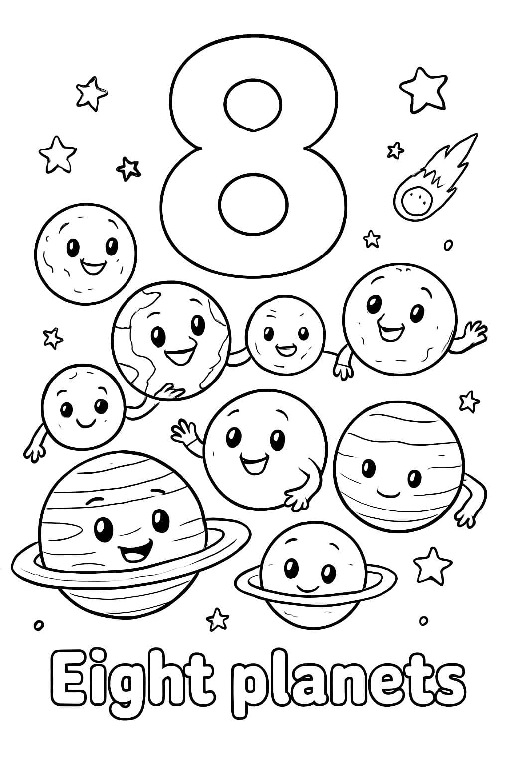 A large bubble number "8" is centered at the top of the page. Under that is an image of the eight planets: Mercury, Venus, Earth, Mars, Jupiter, Saturn, Uranus, and Neptune. Under the image should say "Eight planets" in bubble letters.