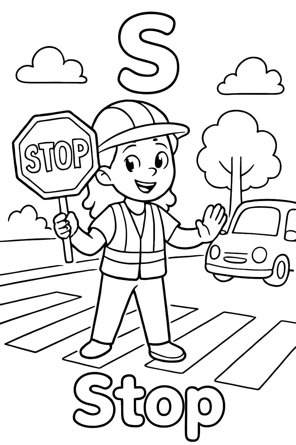 A large bubble “S” is centered on top of the page. Under that is an image of a lady standing in the middle of the crosswalk, gesturing to oncoming traffic to “stop” while holding a stop sign. Under the image should say “Stop” in bubble letters.
