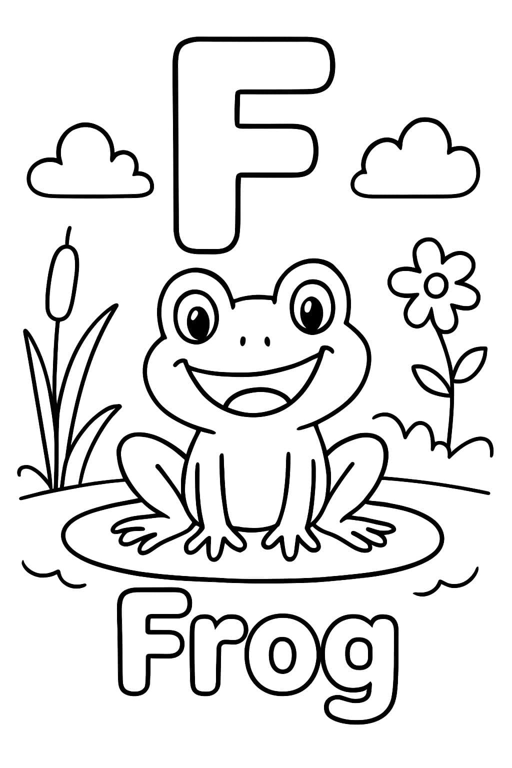 Une grande bulle “F” est centrée en haut de la page. En dessous, il y a une image d'une grenouille assise sur un nénuphar. Sous l'image, il devrait être écrit “Grenouille” en lettres bulle.