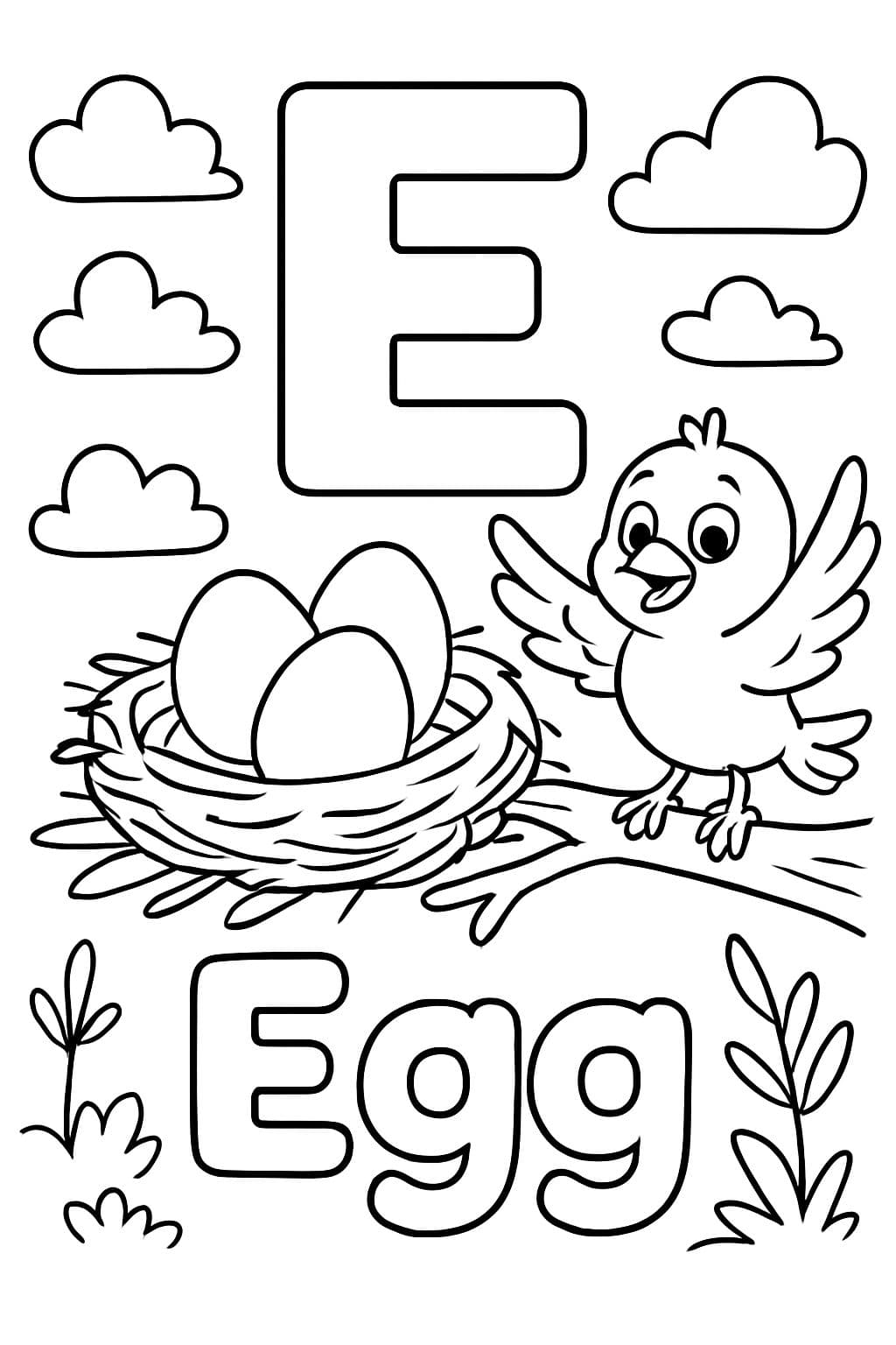 Une grande bulle « E » centrée en haut de la page. Avec un nid d'oiseau avec des œufs dedans. Sous le nid, il devrait y avoir le mot « Œuf » en lettres bulle.