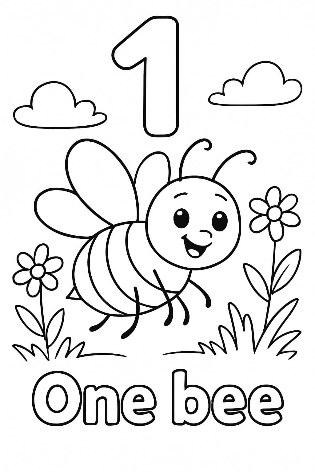 Un grand chiffre en forme de bulle "1" est centré en haut de la page. En dessous, il y a une image d'une seule abeille. Sous l'image, il devrait être écrit "Une abeille" en lettres bulle.