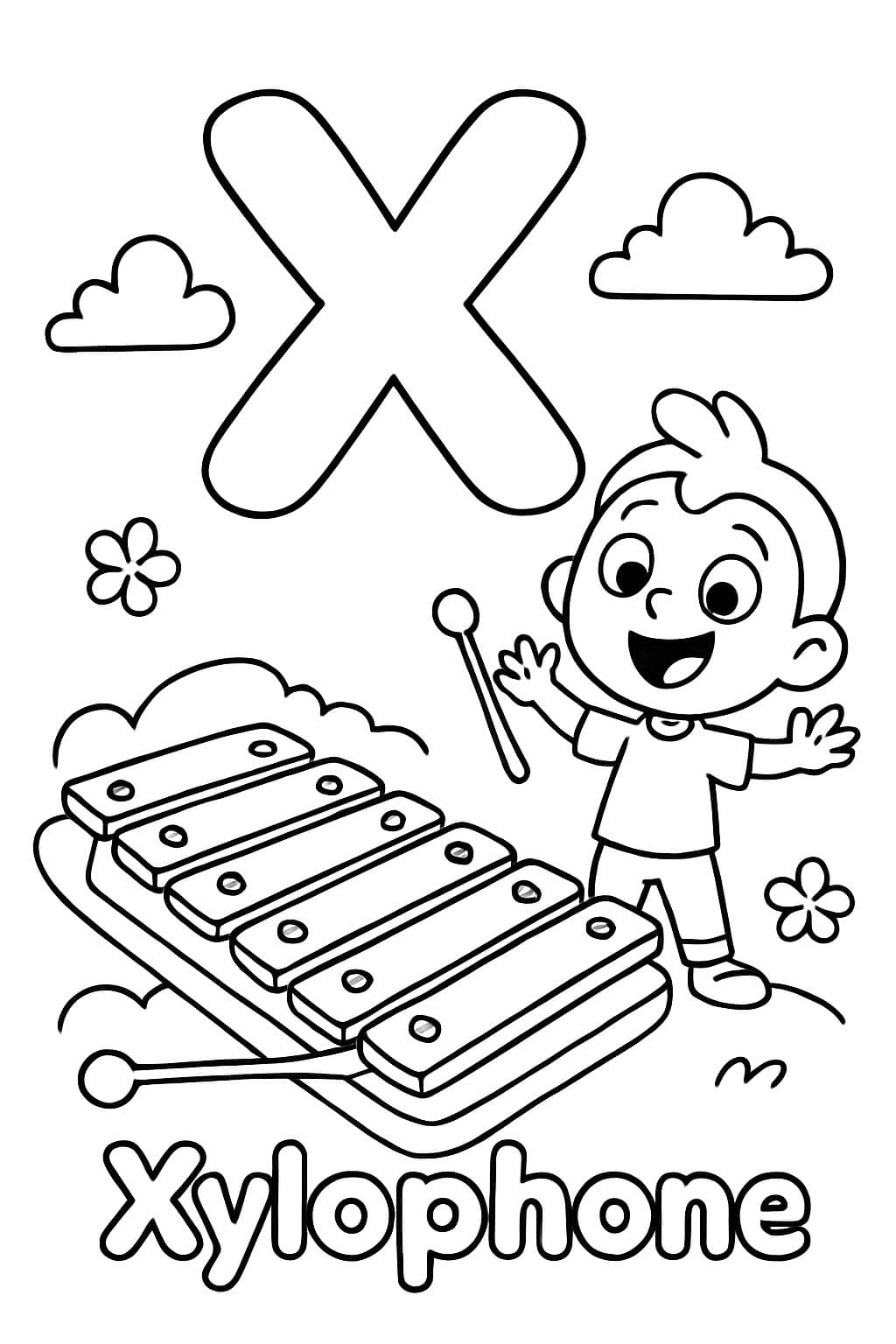 Une grande bulle « X » est centrée en haut de la page. En dessous, il y a une image d'un xylophone. Sous l'image, il devrait être écrit « Xylophone » en lettres bulle.