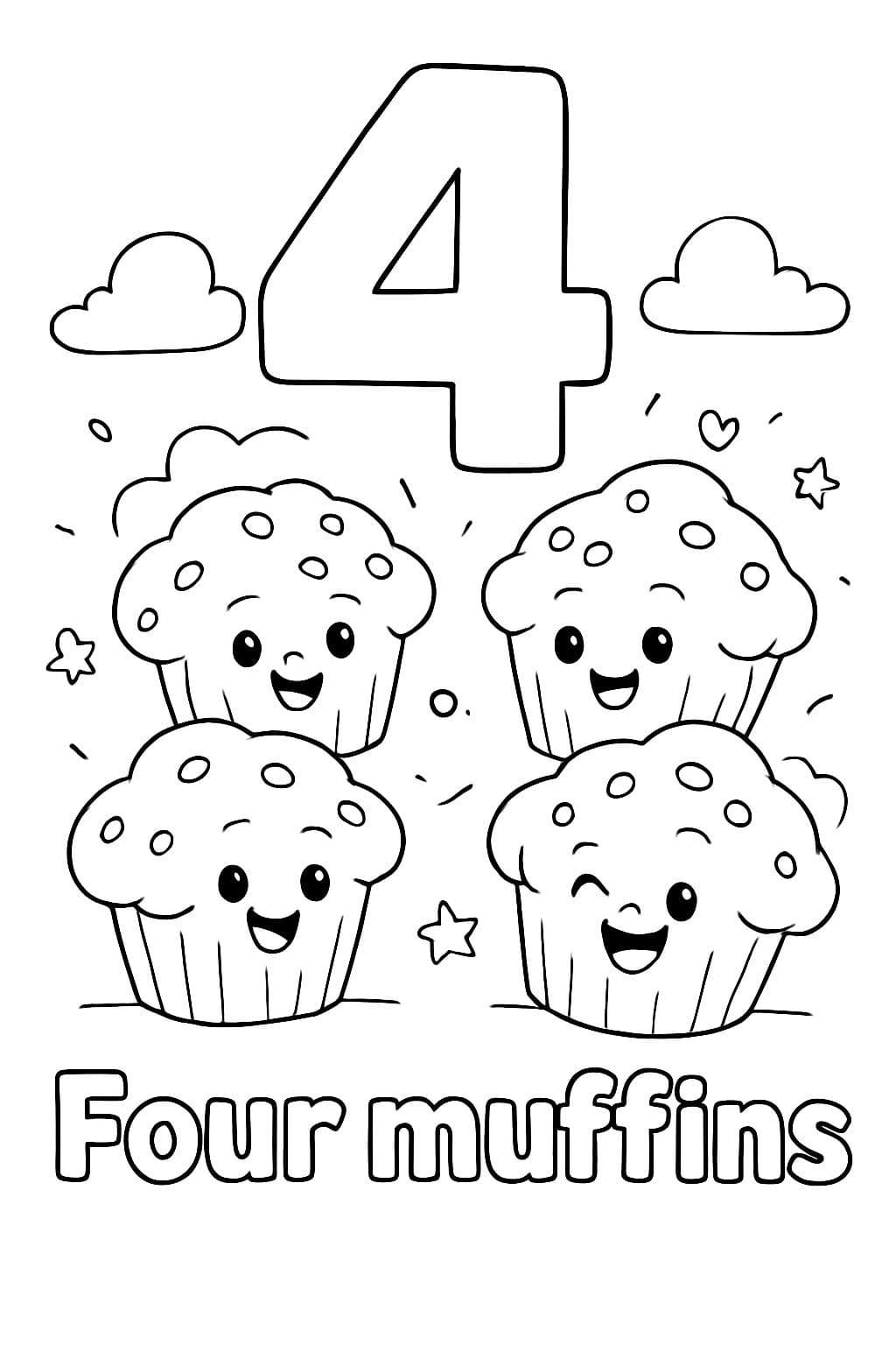 Un grand nombre en bulle "4" est centré en haut de la page. En dessous, il y a une image de quatre muffins. En dessous de l'image devrait être écrit "Quatre muffins" en lettres bulles.