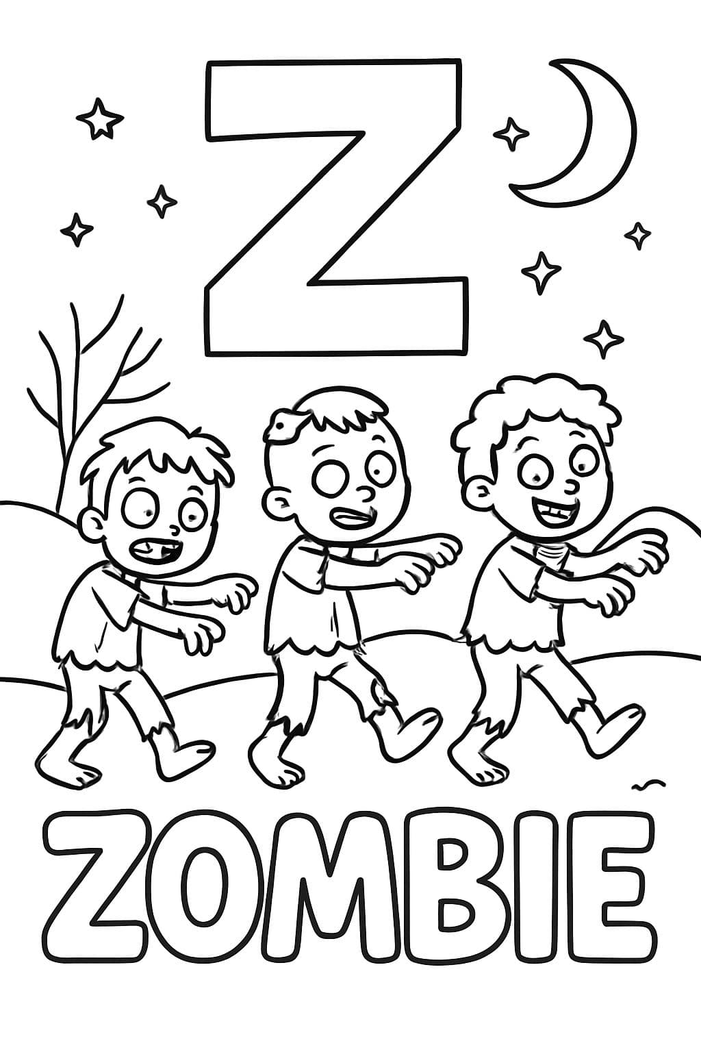 Une grande bulle « Z » est centrée en haut de la page. En dessous, il y a une image de trois zombies marchant la nuit. En dessous de l'image, il devrait être écrit « Zombie » en lettres bulle.