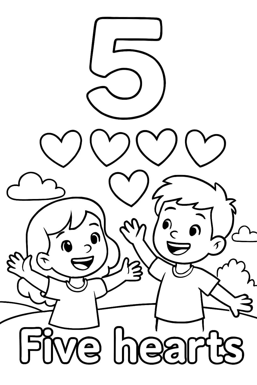 Un grand chiffre bulle "5" est centré en haut de la page. En dessous, il y a une image de cinq cœurs. En dessous de l'image, il devrait être écrit "Cinq cœurs" en lettres bulle.