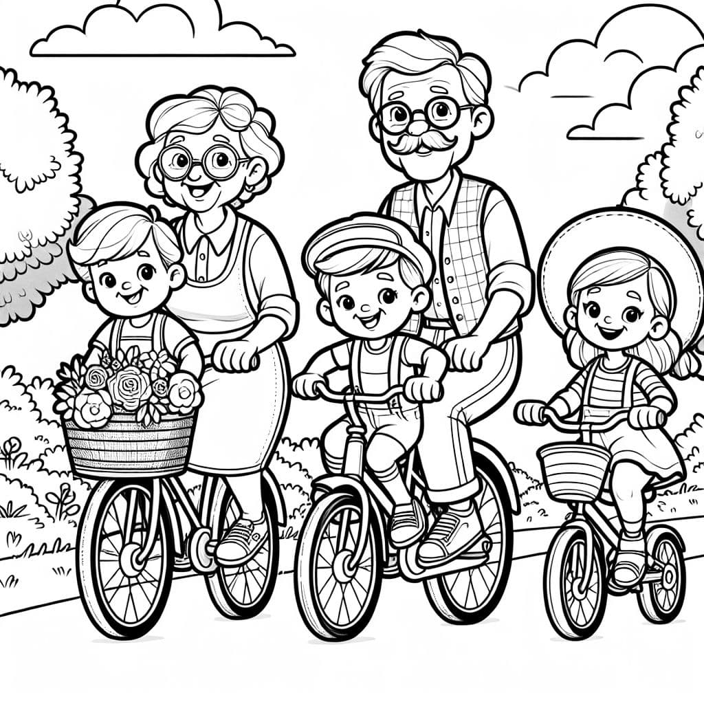 Papa, Mama, Carlotta, Justus, Opa und Oma auf dem Fahrrad fahrend