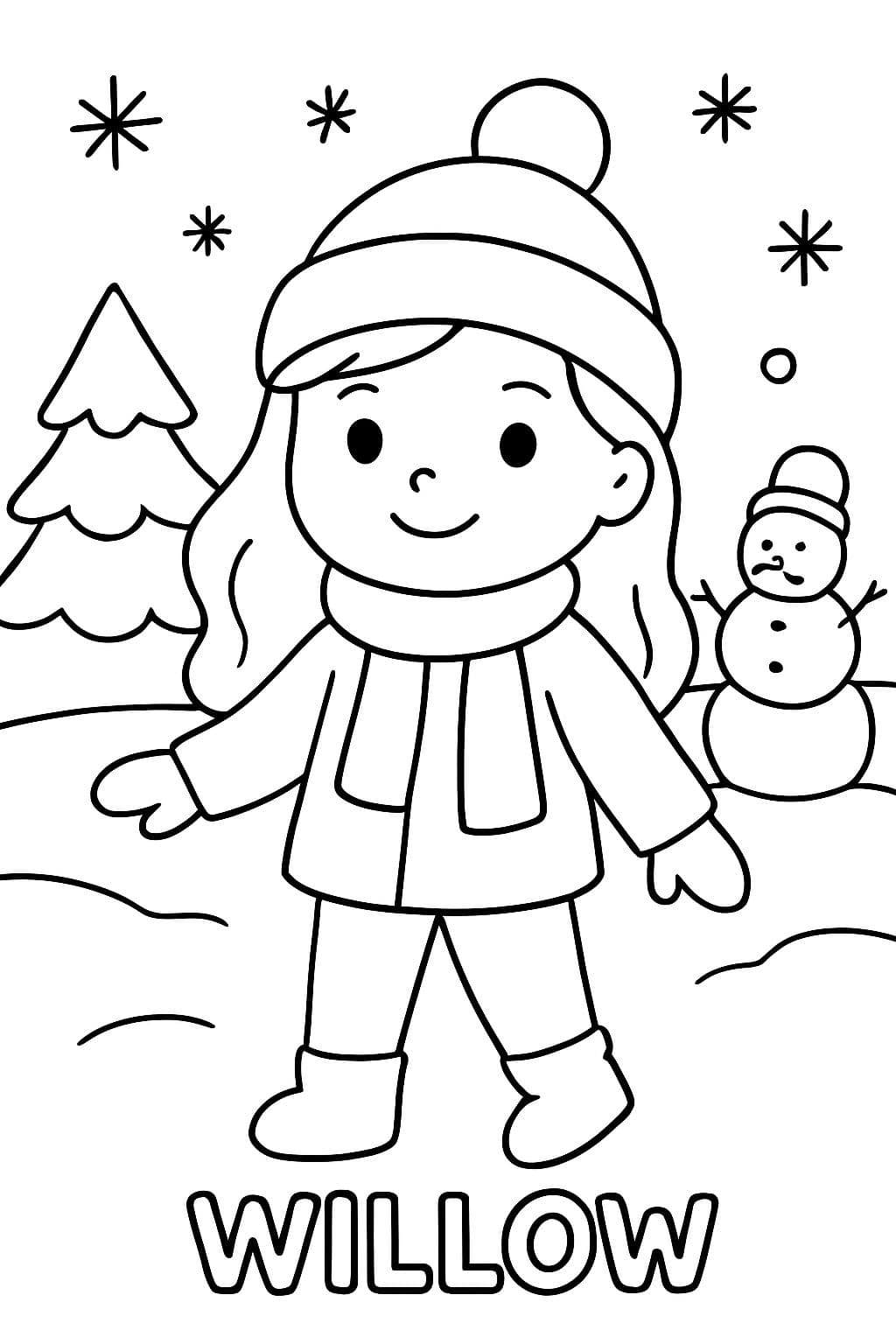 personalisierte Winter-Ausmalseite mit dem Gesicht des Mädchens im bereitgestellten Bild, Willow