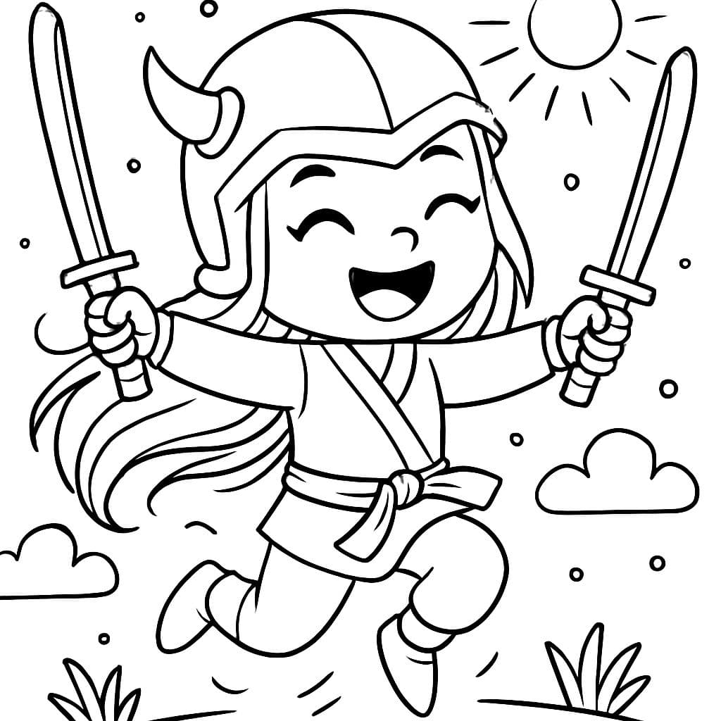 Menina ninja com cabelo longo e um capacete legal, está feliz e pulando no ar com espadas.