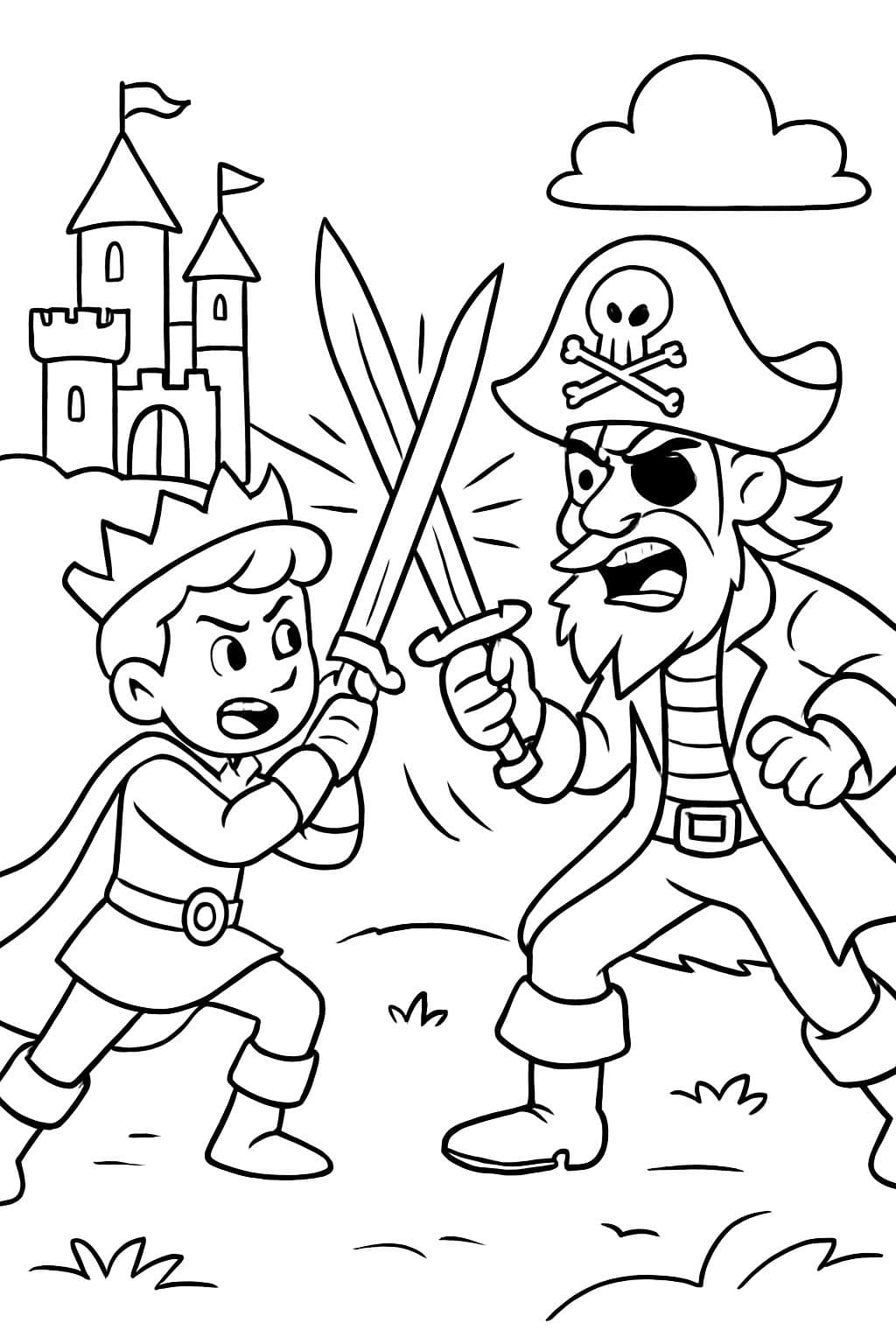 Un príncipe luchando con espada contra un pirata malvado.